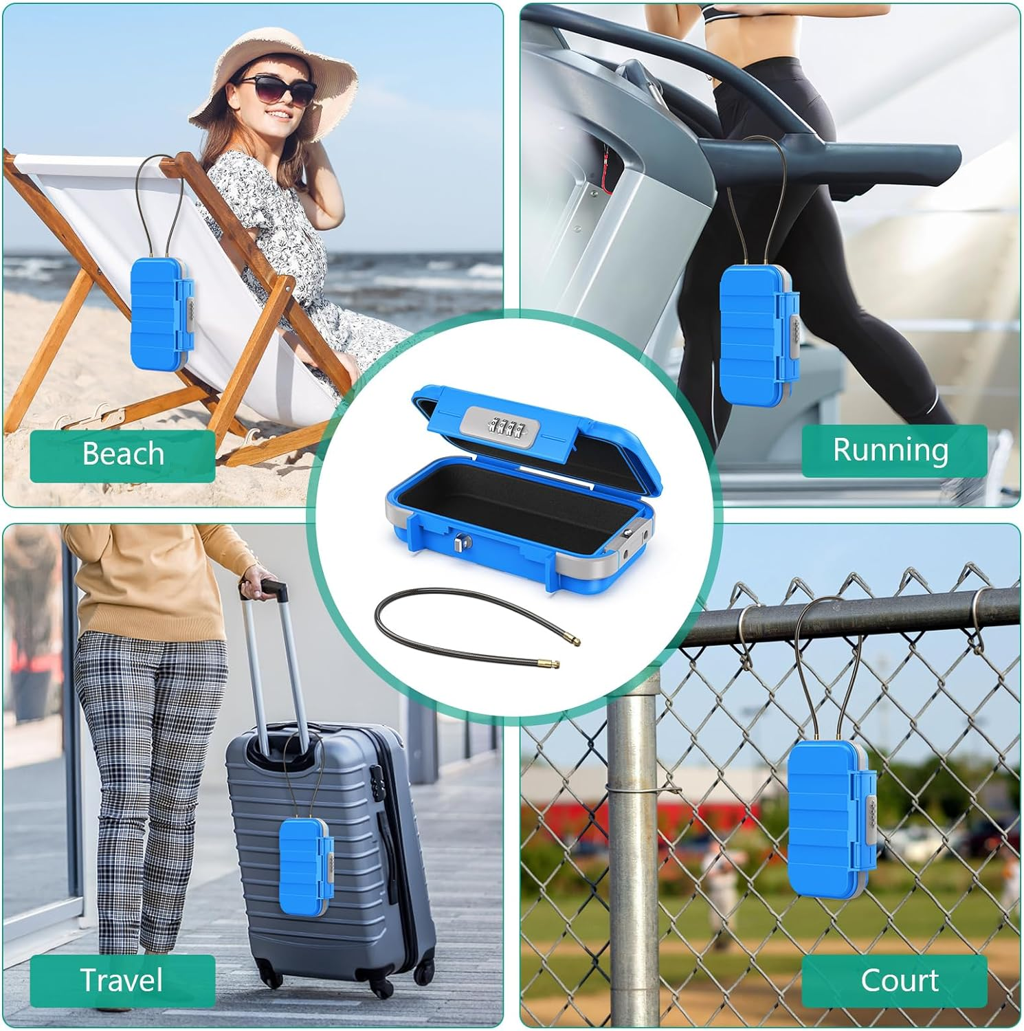 ORIA Portable Safe Box, Security Lock Box, Safe Lock Case with 4-Digit Code, Removable Wire Rope, Waterproof Key Lock Box for Passport, Credit Card, Phone, for Travel, Home, Office, Hotel, Beach -Blue image number 5