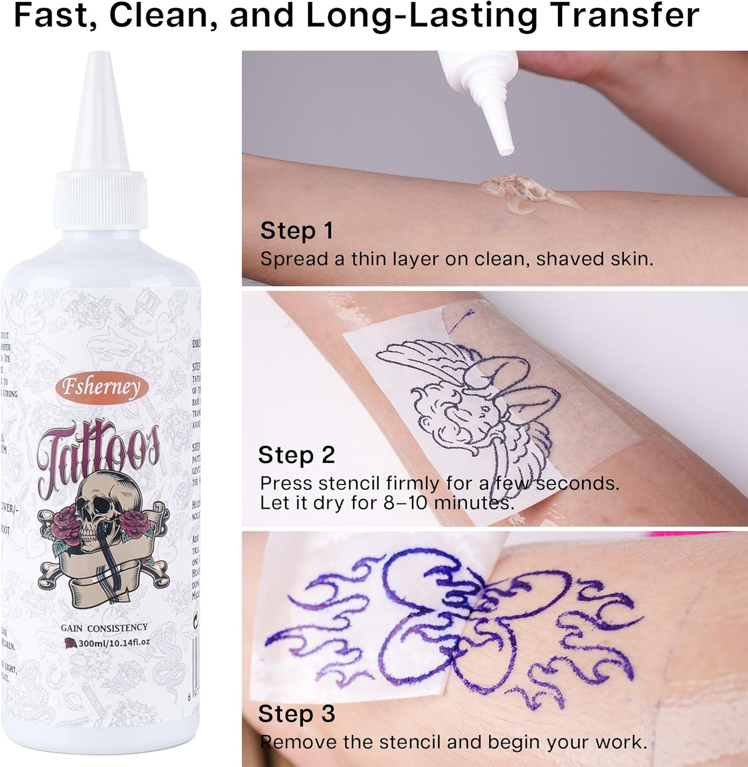 VRAIKO Fsherney Tattoo Transfer Gel, 300Ml Large Tattoo Stencil Gel Cream, Skin-Friendly & Fast-Drying Transfer Solution for Clear & Long-Lasting Designs, Clean and Easy Application