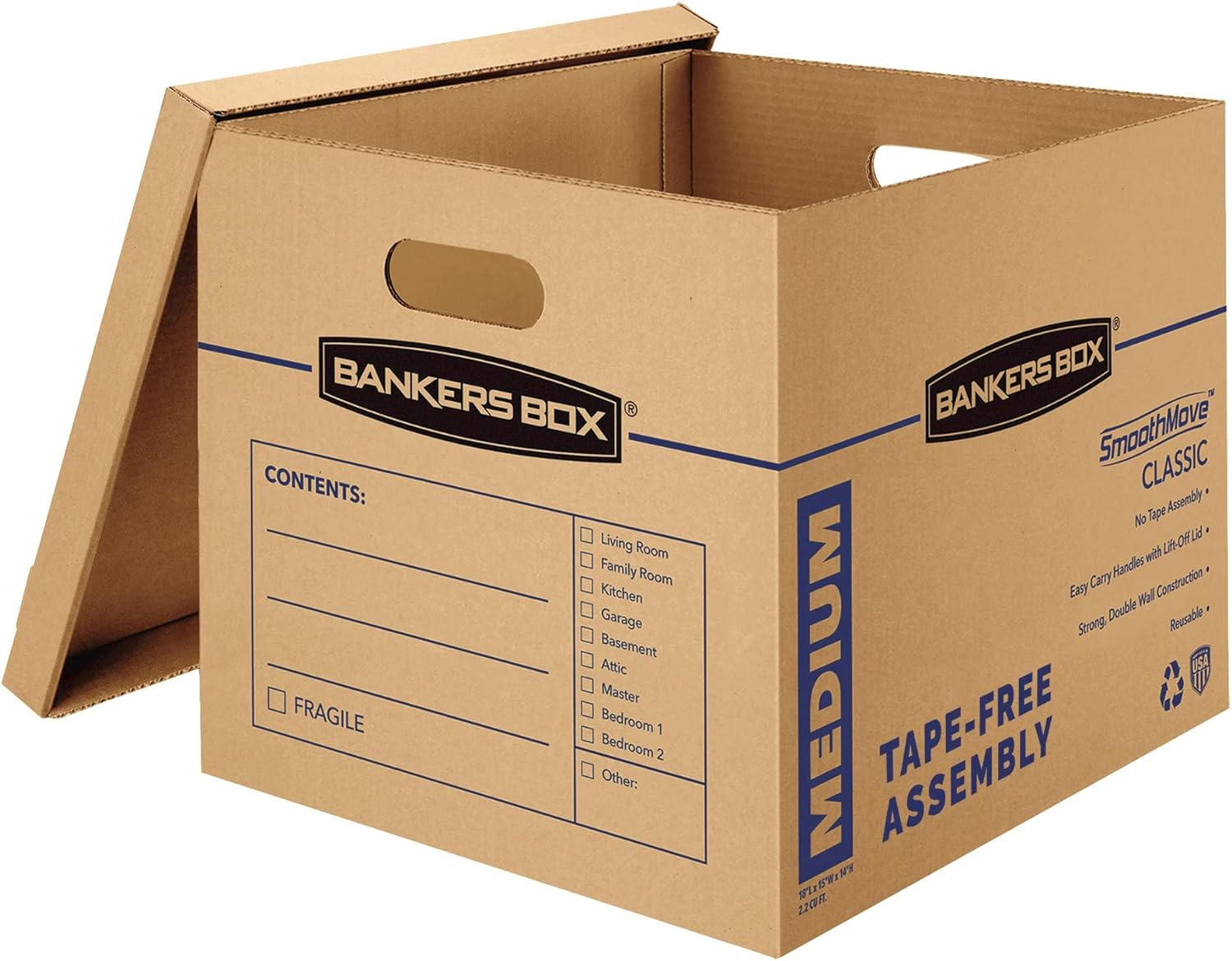 Bankers Box Smoothmove Classic Moving Boxes, Tape-Free Assembly, Easy Carry Handles, Medium, 18 X 15 X 14 Inches, (7717204) image number 1