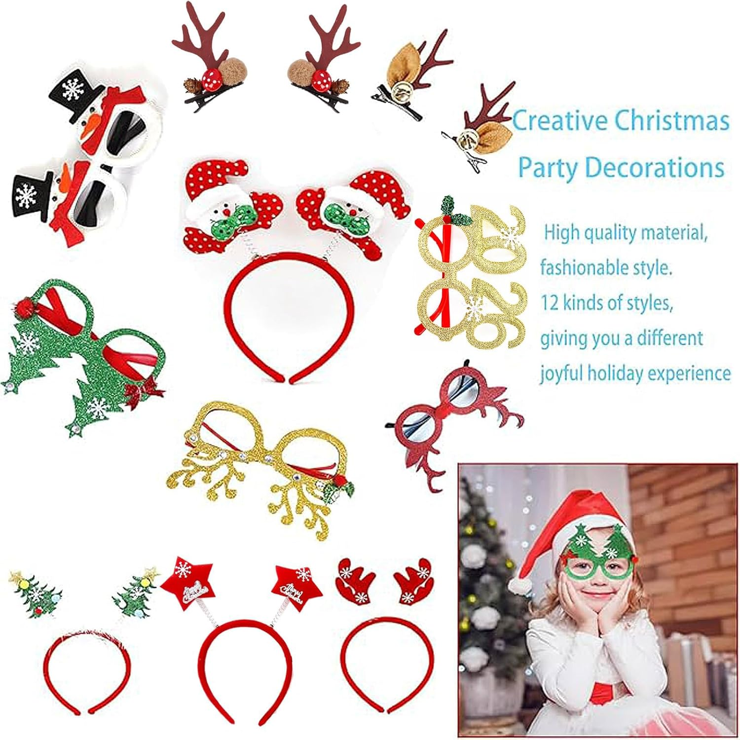 Christmas Glasses Frame and Headbands Set 12Pcs, Cute Head Hat Toppers, Holiday Party Decorations Decorations Gift, Christmas Party Supplies for and Holiday Parties image number 4