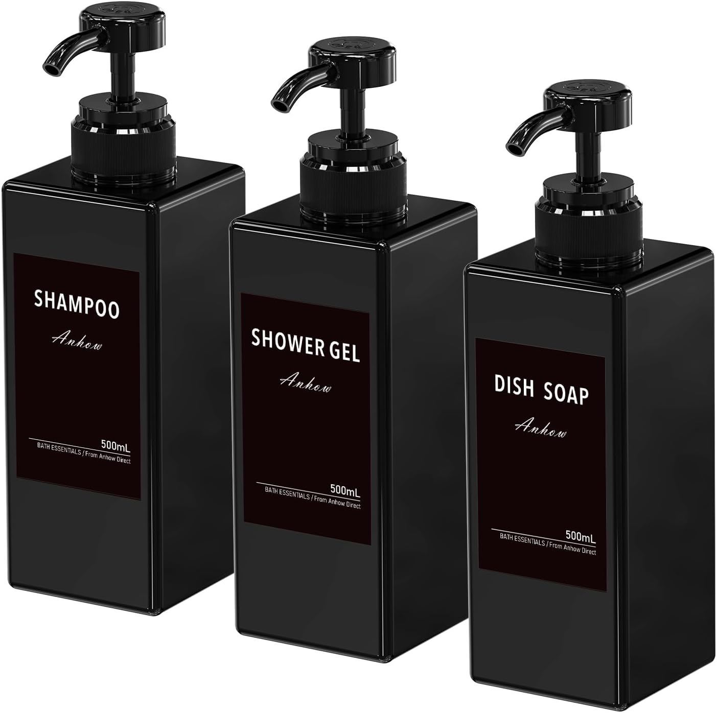3 Soap Dispensers, Shampoo and Conditioner Dispenser Hand Soap Body Wash Refillable Bottles with Waterproof Category Labels for Shower/Kitchen/Bathroom Lotion Dispensing- Black / 500 Ml
