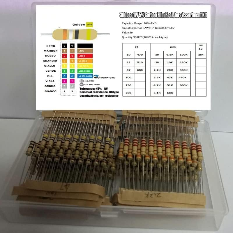 300PCS 1W 5% 10-1M Ohm 30 Values*10Pcs Resistor Carbon Film Resistor Assorted Kit (Resistance : without Box) image number 1