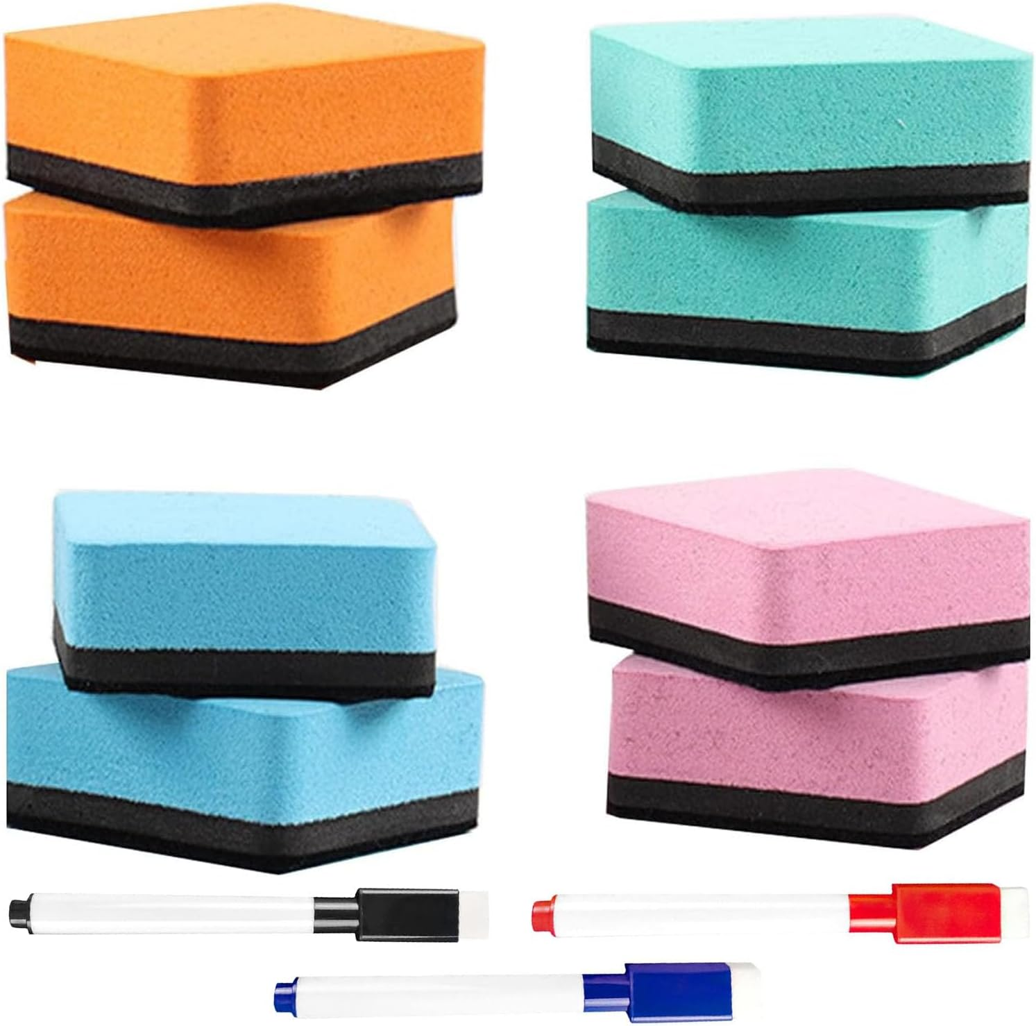 8 Pack Mini Dry Erase Erasers with 3 Pcs Magnetic Dry Erase Markers, Magnetic Whiteboard Dry Eraser Chalkboard Cleansers for Classroom, Home and Office (4-Color, 2 X 2 Inch) image number 1