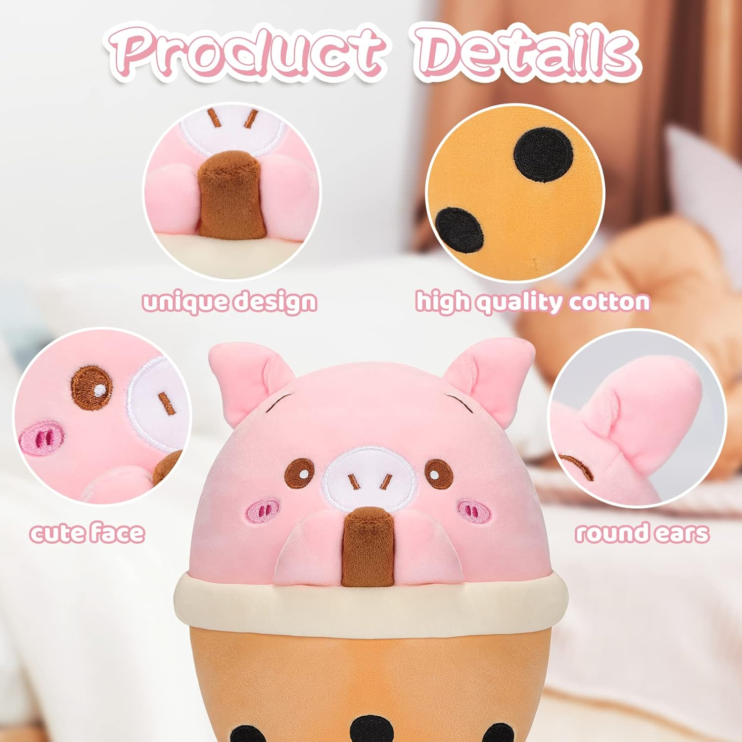 AIXINI 10 Inch Cute Pig Boba Plush Stuffed Squishy Animal Bubble Tea Pillow,Super Soft Cartoon Hugging Toy Gifts for Bedding, Kids Sleeping Kawaii Pillow image number 5
