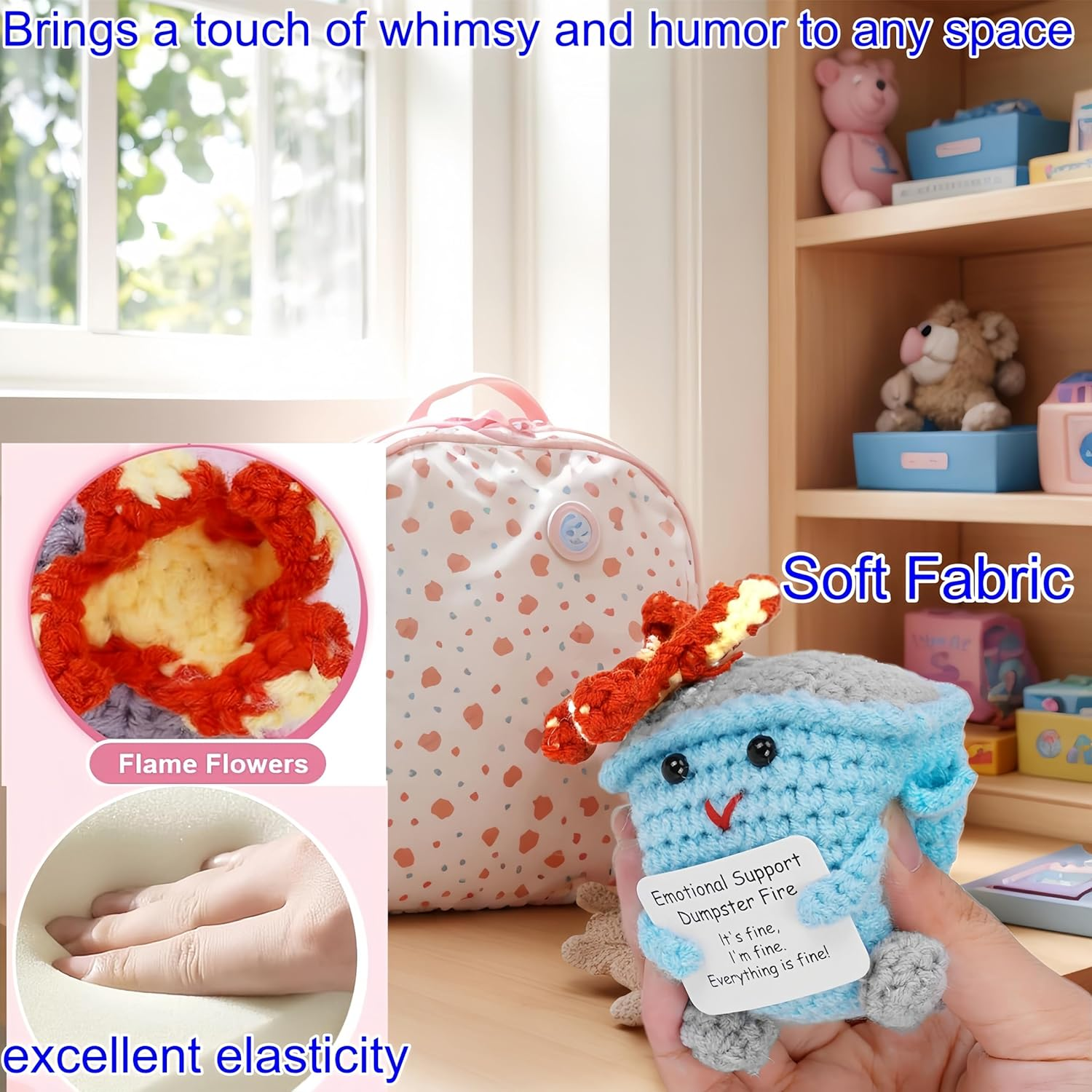 2Pcs Emotional Support Dumpster Fire Doll with Positive Card Positive Crochet Funny Handmade Cute Gifts image number 5