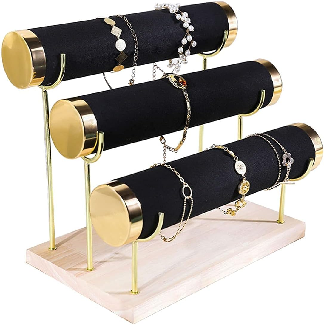 Jewelry Towers with Three Tier Racks, Detachable Black Velvet Gilt-Edging Bracelet Display Stand - Gold, Beige, Joy image number 3