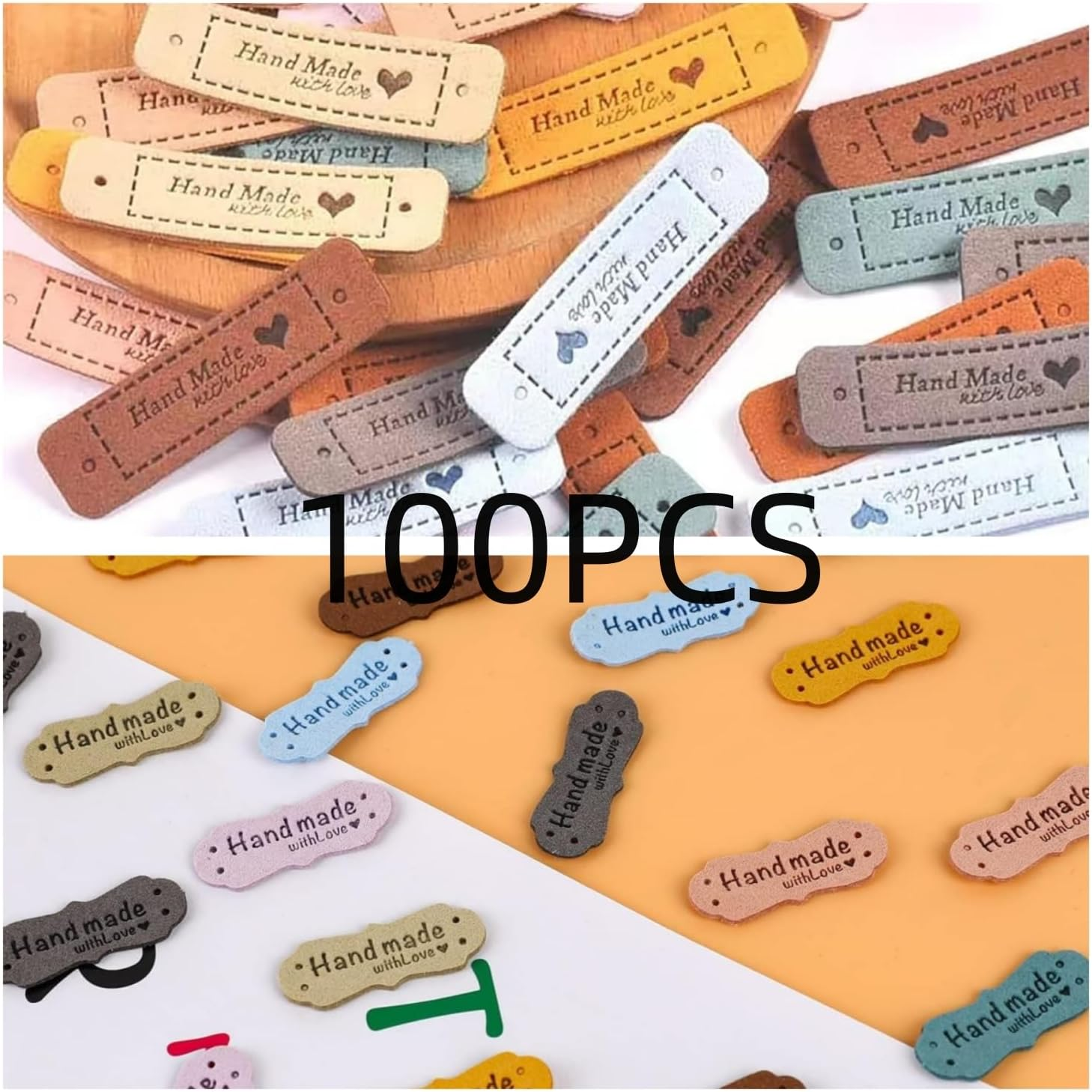 100Pcs Handmade Leather Labels Colourful Handmade Labels Tags Art Tags DIY Embellishments Ornaments Accessories for Scrapbooking Clothing Craft Decorations (50Rectangle + 50Flower Shape) image number 2