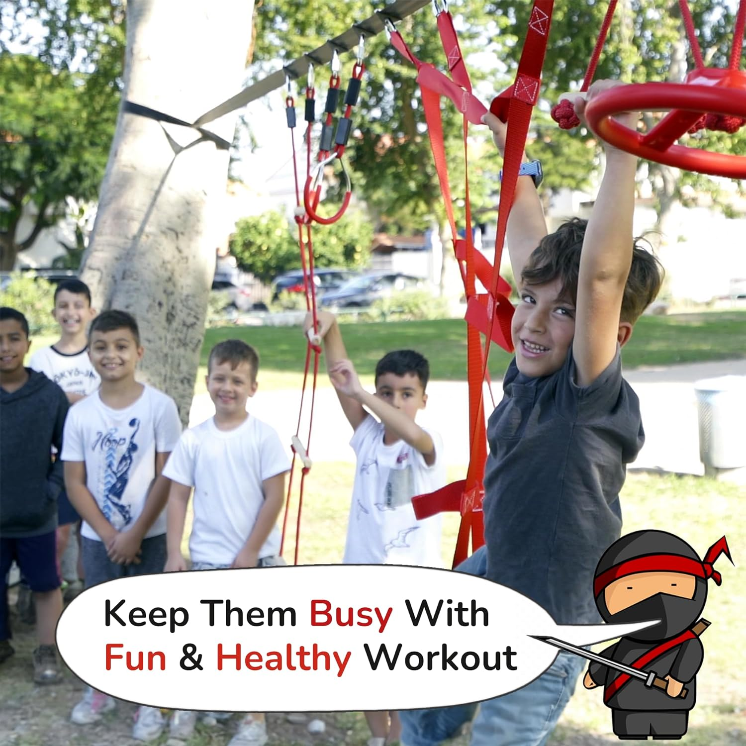 Ninja Obstacle Course for Kids Backyard - 10 Durable Obstacles and 50' Slackline - Outdoor Playset Equipment for Girls & Boys with Climbing Net image number 2