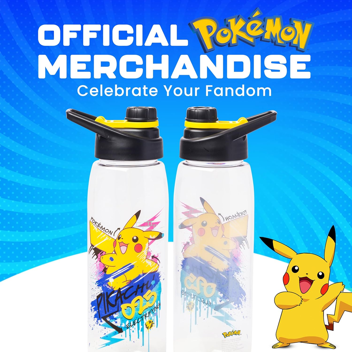 Silver Buffalo Pok&eacute;mon Skate Graffiti Electrifying Pikachu Water Bottle with Screw-On Lid, 28 Ounces image number 4