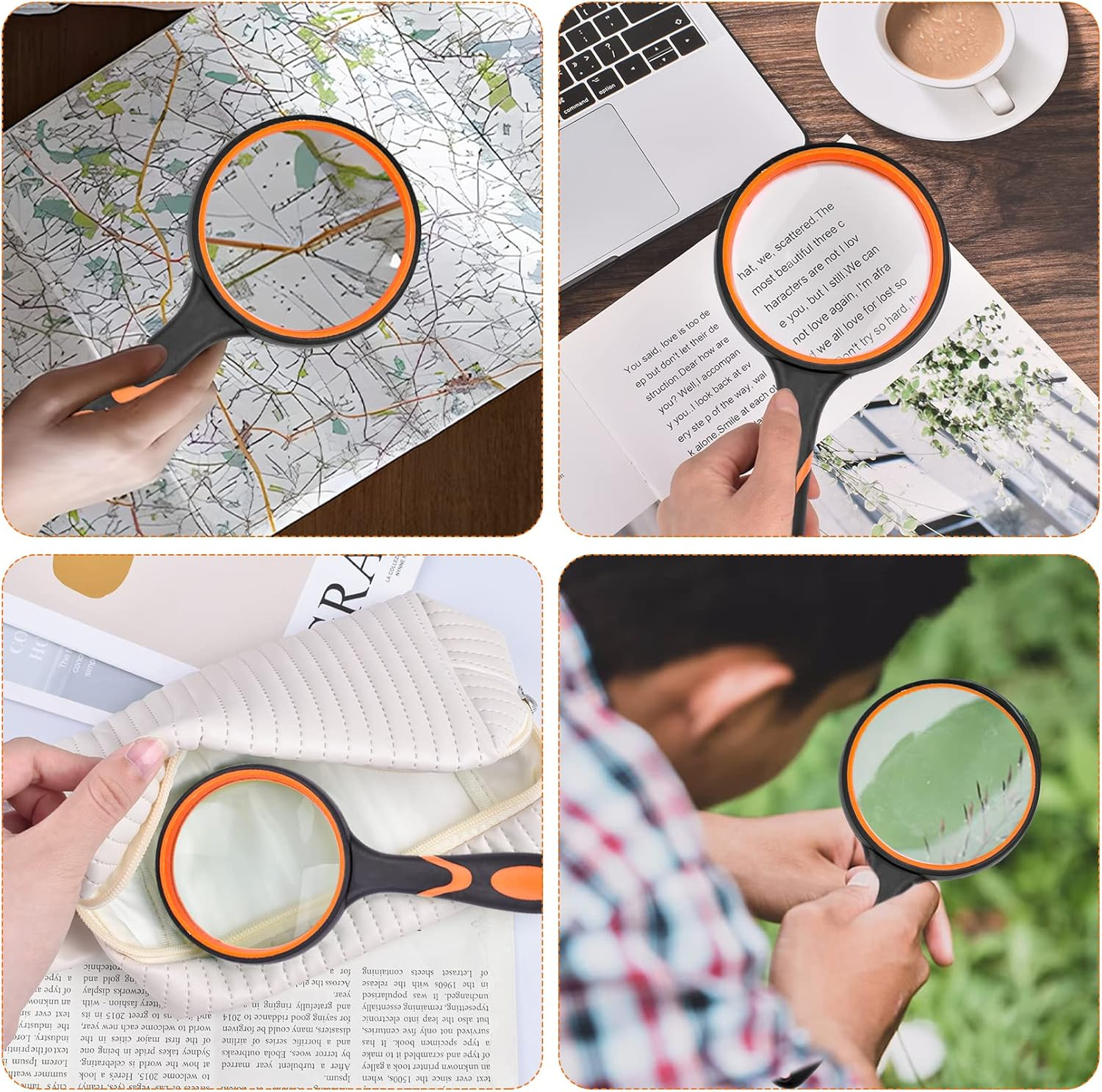 JINGIHE 10X Magnifying Glasses, 1Pc Plastic Page 75Mm Reading Magnifier for Seniors Kids, Handheld Magnifying Glass Study Supplies with Non-Slip Rubber Handle for Book Science Nature Exploration - Black Orange image number 2