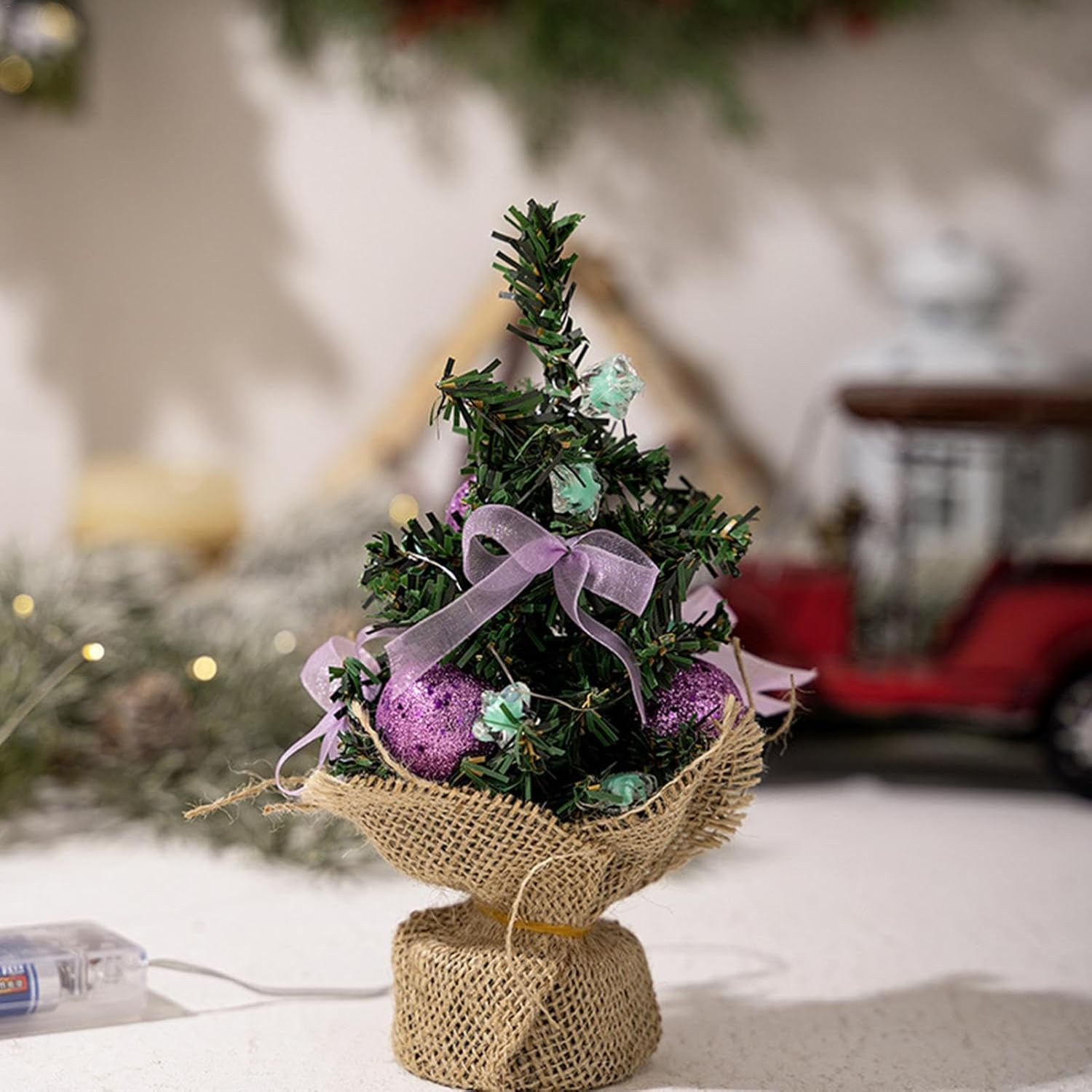 Table Top Lighted Christmas Tree | 3X Green Tabletop Christmas Tree | Burlap Base Design Small Artificial Festival Lights for Dining Room image number 6