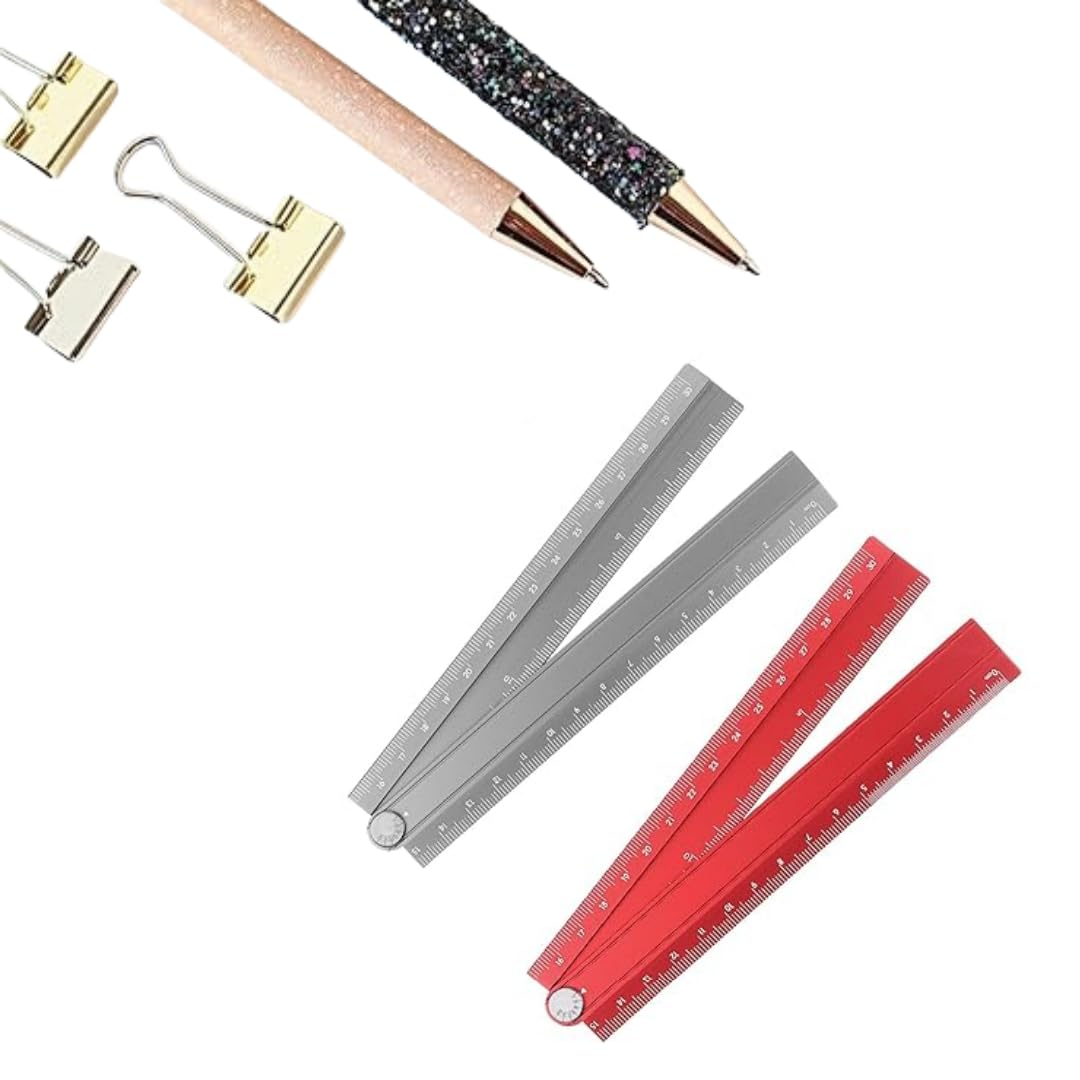 2Pcs Folding Straight Rulers 30Cm Metric Aluminum Alloy Protractor Foldable Ruler Geometric Measuring Tool with Angle Line for Architects Artists Office (Gray + Red) image number 4