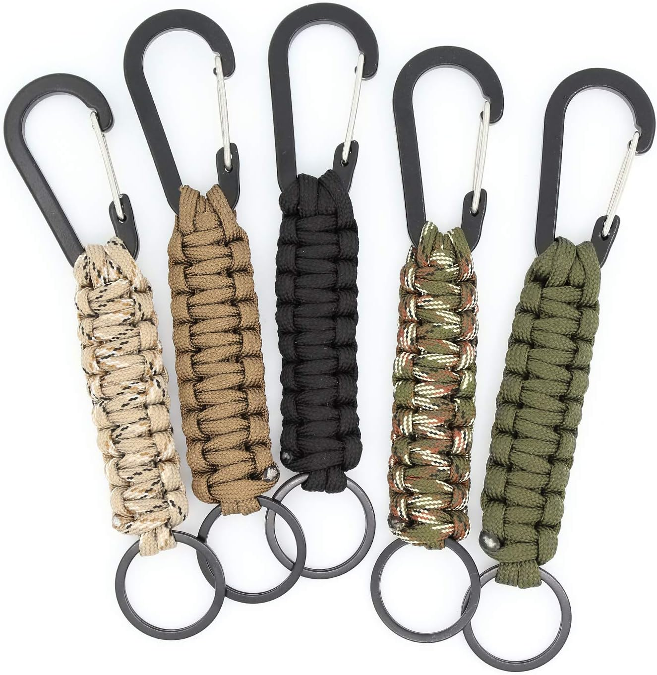 Paracord Keychain with Carabiner, Set of 5 Braided Lanyard Utility Ring Hook