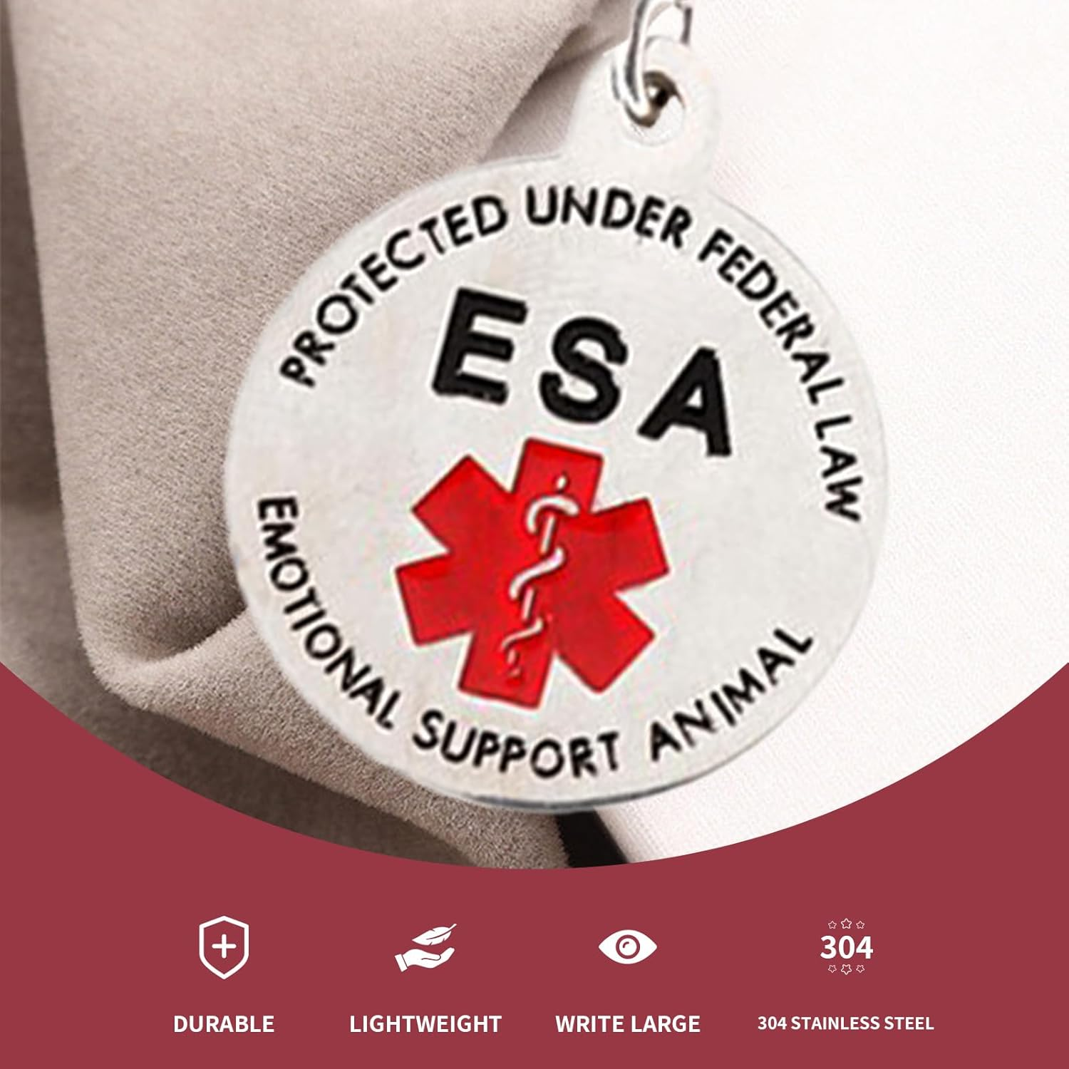 Emotional Support Dog ESA Dog Tag ID Industrial Puppy Emotional Support Dog Tag Red Medical Alert Symbol and Protected by Federal Law Navy Lettering and Red Enamel Trim for ESA and Therapy Dogs image number 3