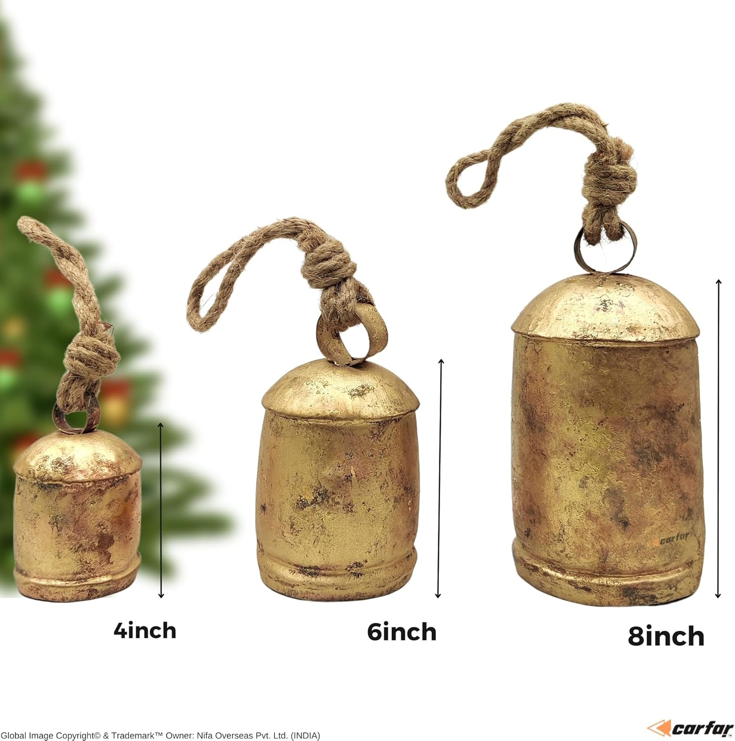 Handicrafts Vintage Rustic Metal Harmony Cow Bells Set of 3 Huge Rustic Christmas Handmade Bells on Jute Rope image number 4