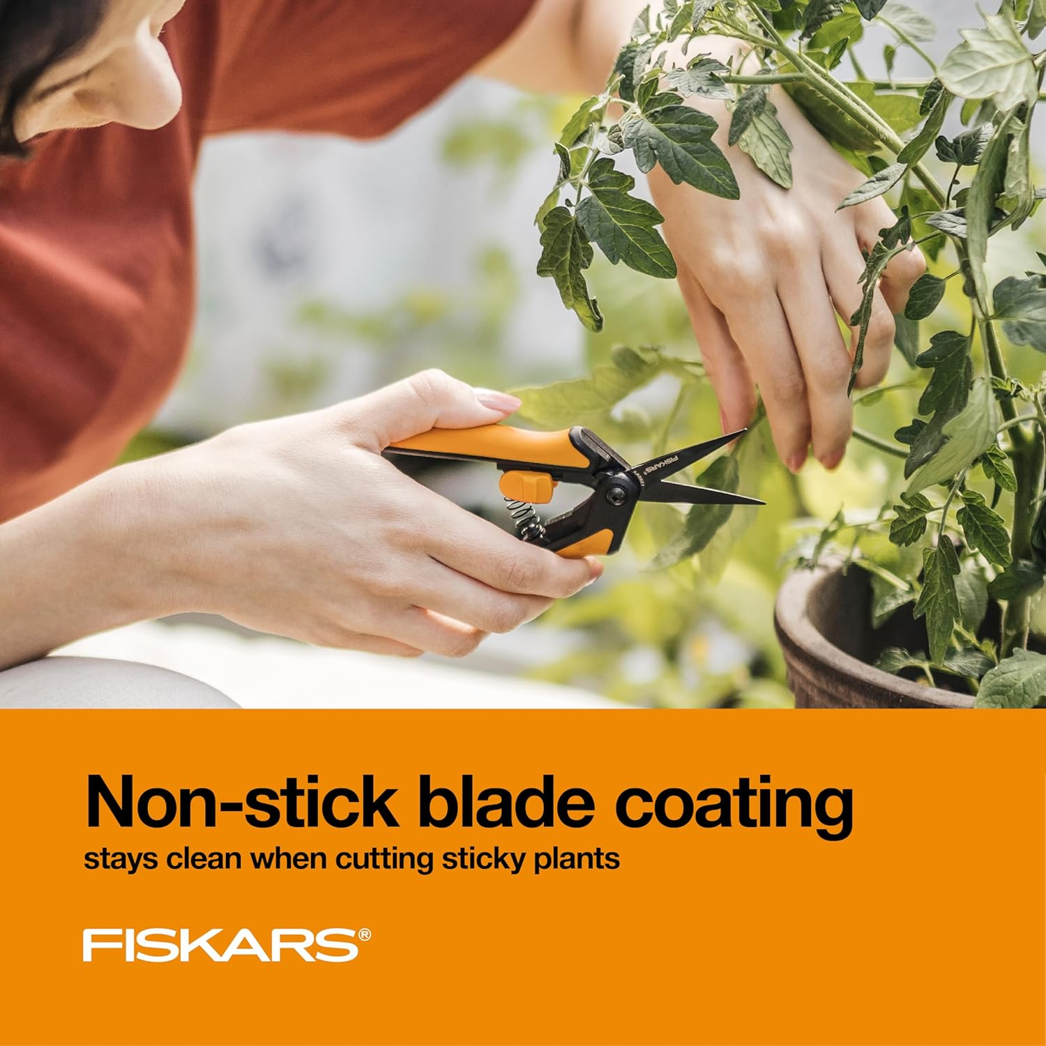 Fiskars Micro-Tip Pruning Snips Garden Shears - Plant Cutting Scissors with Sharp Precision-Ground Non-Stick Blade - 2-Count - Orange image number 5
