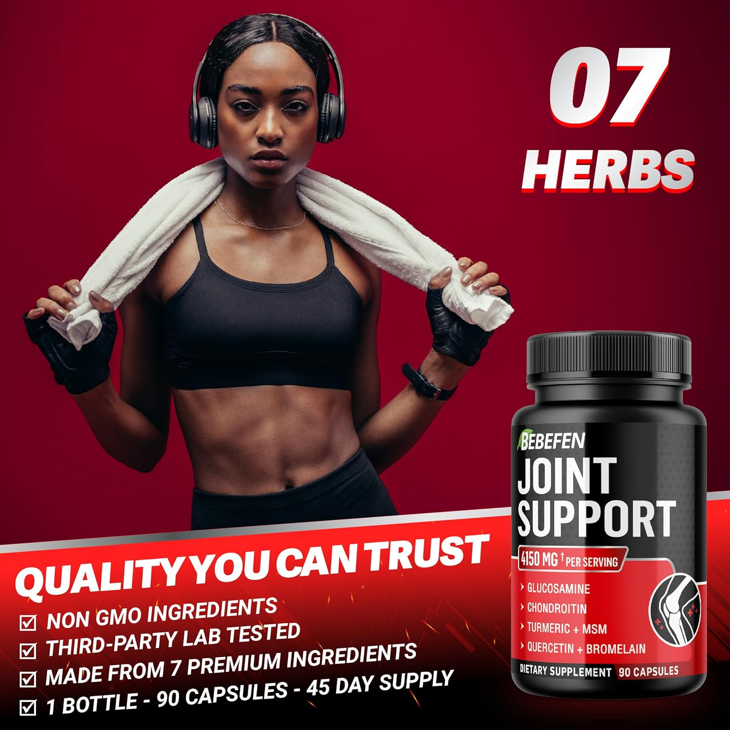 Joint Support Supplement 4150 Mg Equivalent with Glucosamine Hcl, Boswellia Serrata, Chondroitin Sulfate, Turmeric Root, Quercetin, MSM, Bromelain - 90 Capsules image number 1