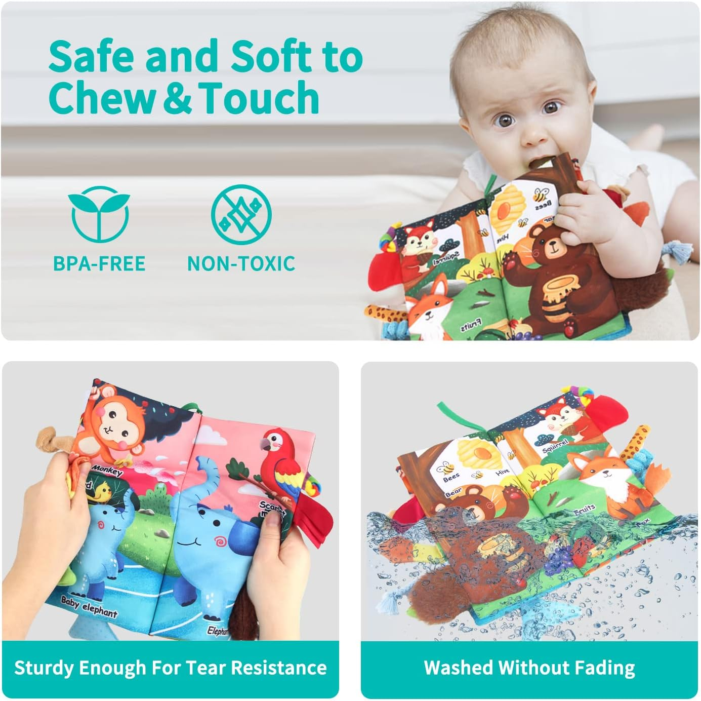 Coolplay Baby Toy Baby Soft Cloth Book Animal Tails Book, Printed Fabric Cloth Book, Baby Educational Toy Soft Cloth Book for Toddler image number 1