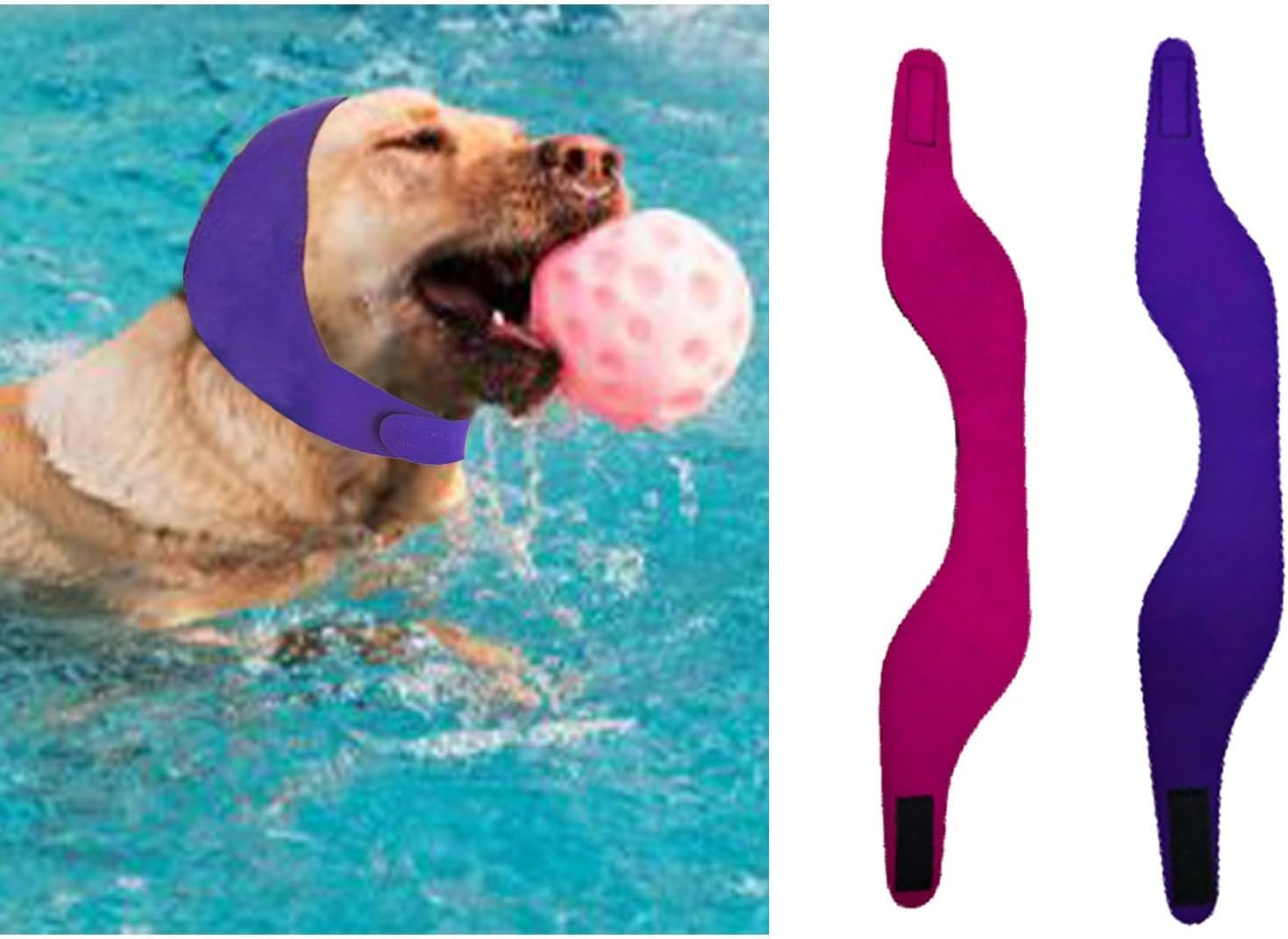 MANON ROSA Dog Ear Covers for Bathing & Swimming Waterproof &ndash; 2Pcs Upgraded Anti-Slip Dog Shower Swim Cap, Ear Plugs, and Rain Hat for Medium Large Dogs Puppies Cats (1 Pink 1 Purple,M) image number 6