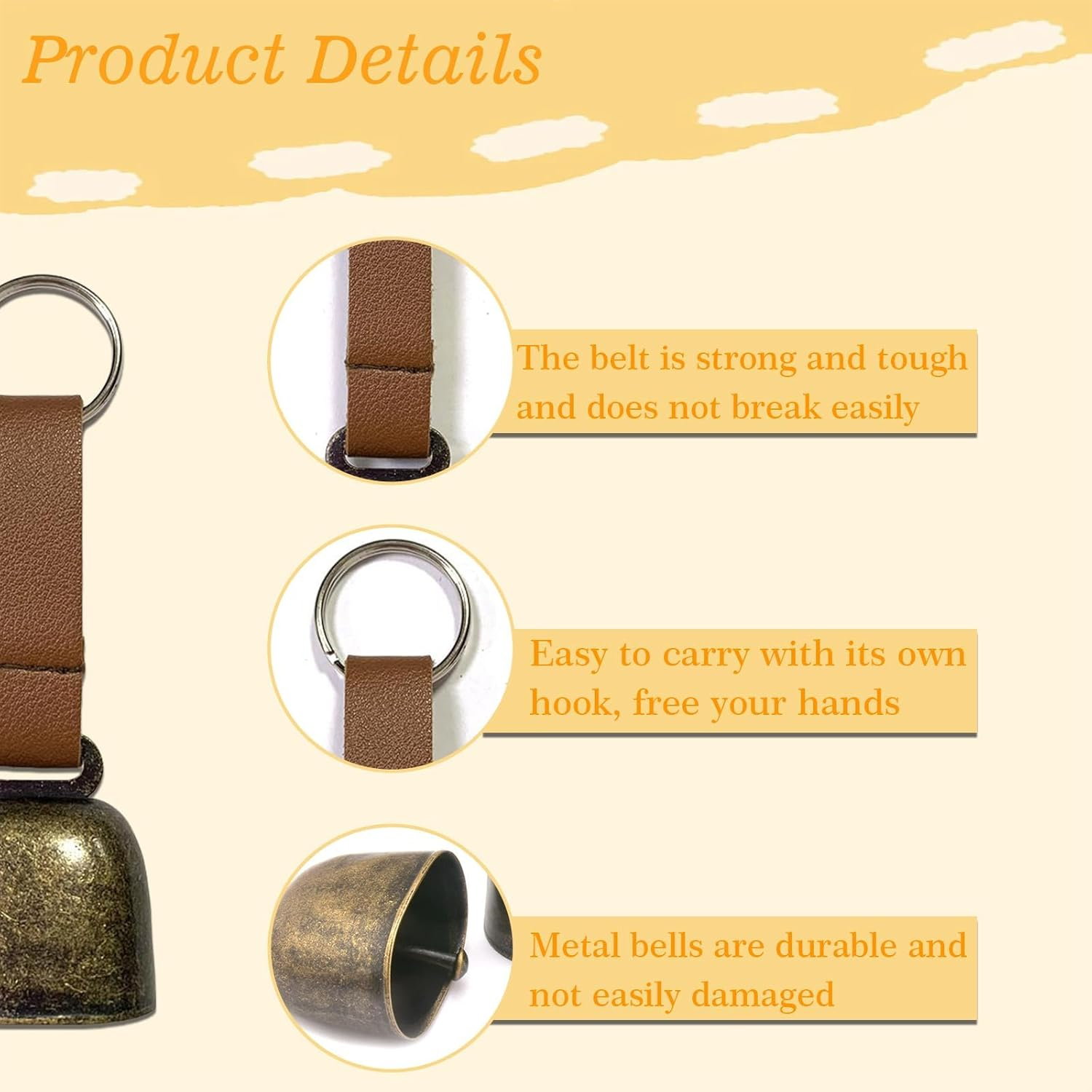 2 Pcs Small Cow Bell for Dog Collar with Leather Strap, Bear Warning Bell, Loud Cowbell, Anti-Lost Grazing Copper Training Bells, Pet Tracker Noise Maker for Puppies Cat Horse Sheep Goat image number 2