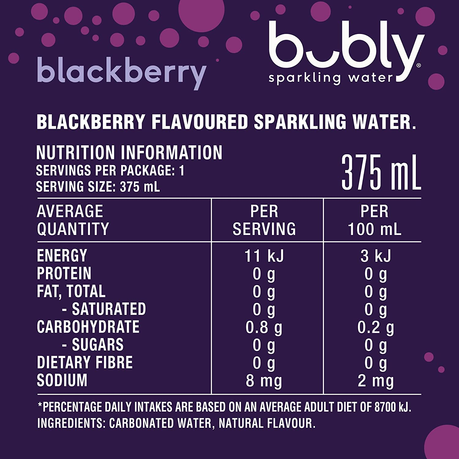 Bubly Blackberry Flavoured Sparkling Water Can 375 Ml (Pack of 8) image number 2