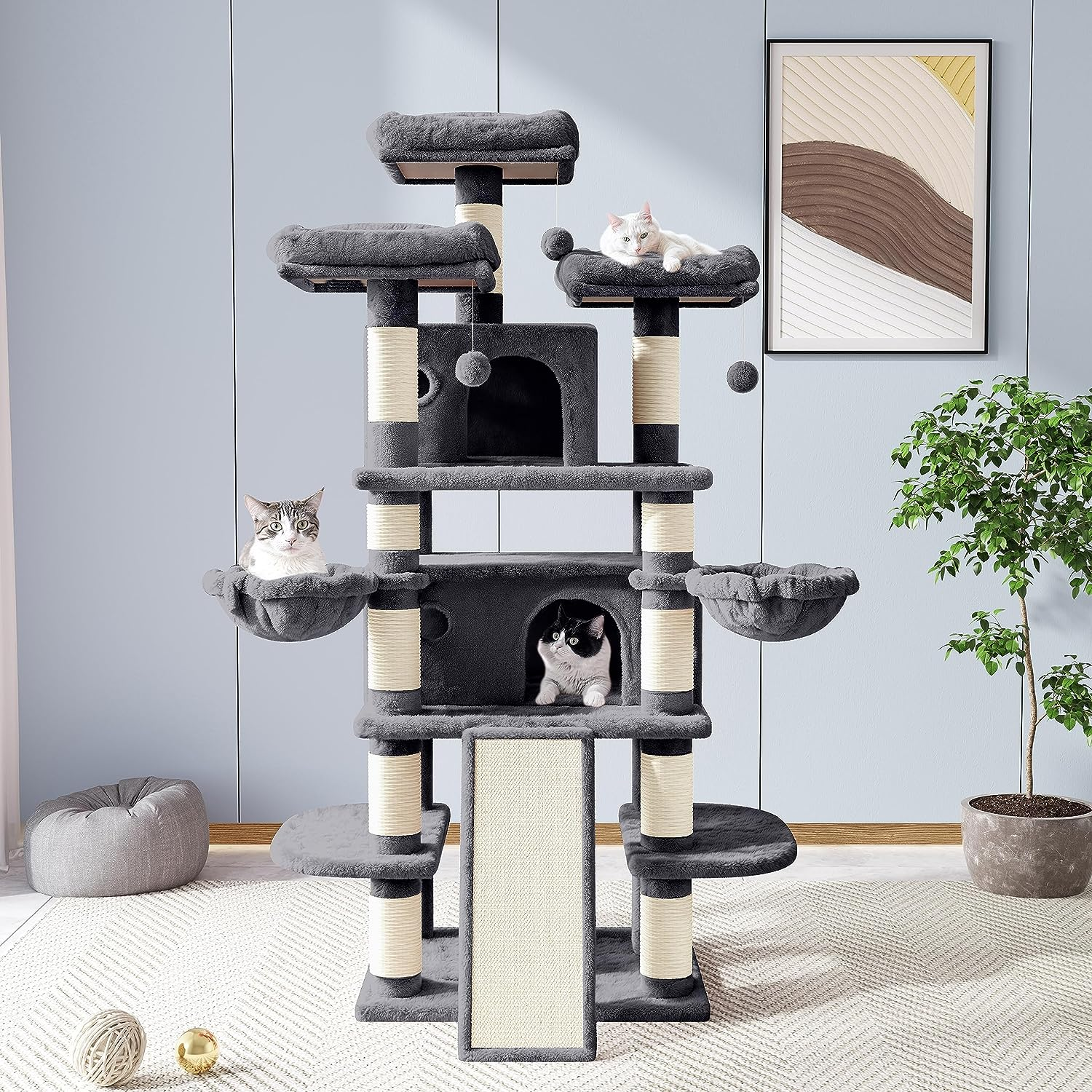 Allewie 68 Inches Cat Tree/House and Towers for Big Feline/Scratching Post/Multi-Level Large Kitty Climbing Tree with Condo/Smokey Grey - Beige image number 3