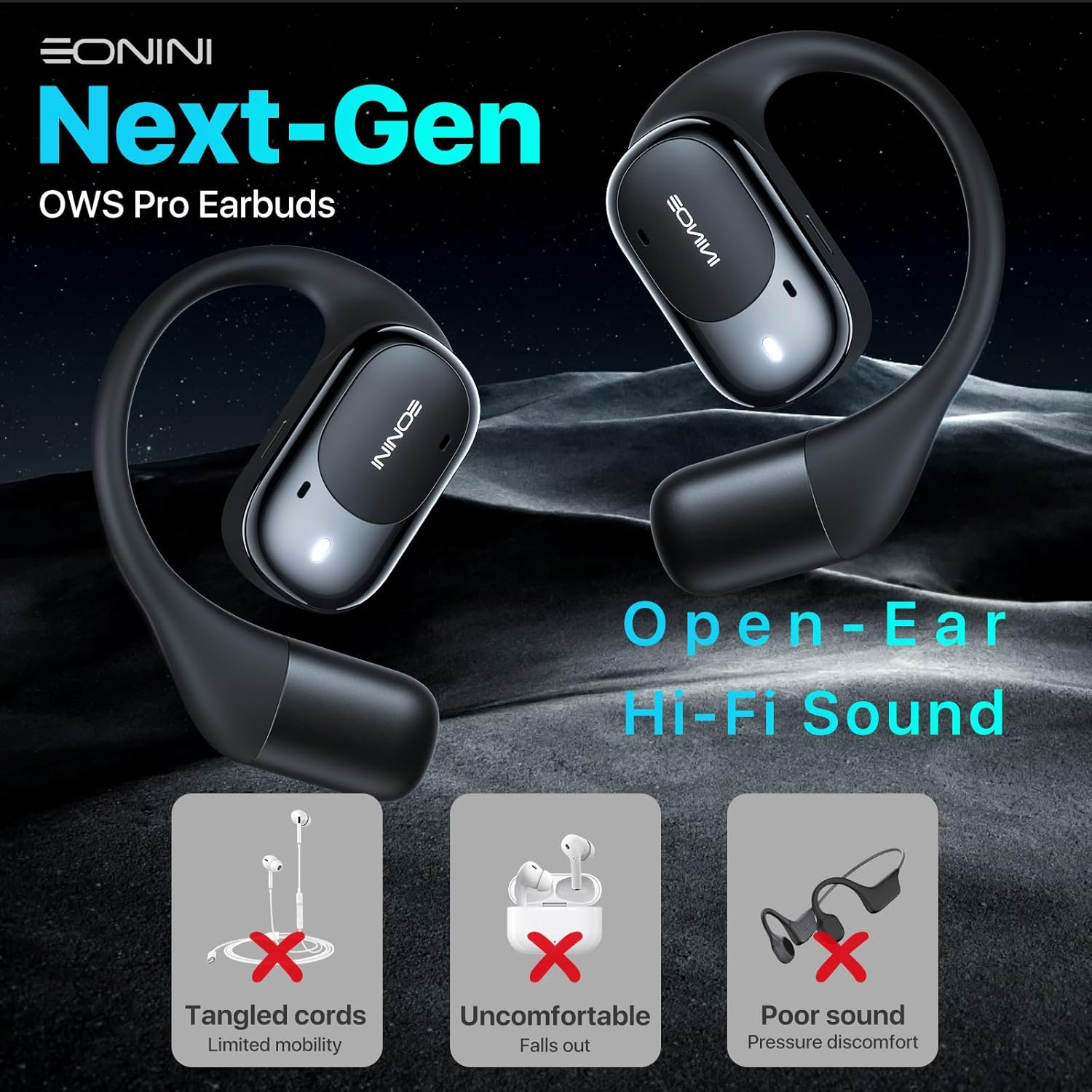 Open Ear Headphones Wireless, 40H Playtime IPX5 Waterproof Bluetooth Earbuds &ndash; Secure Fit for Glasses Wearers, Deep Bass Sport Headphones for Running/Gym, Power Display image number 2