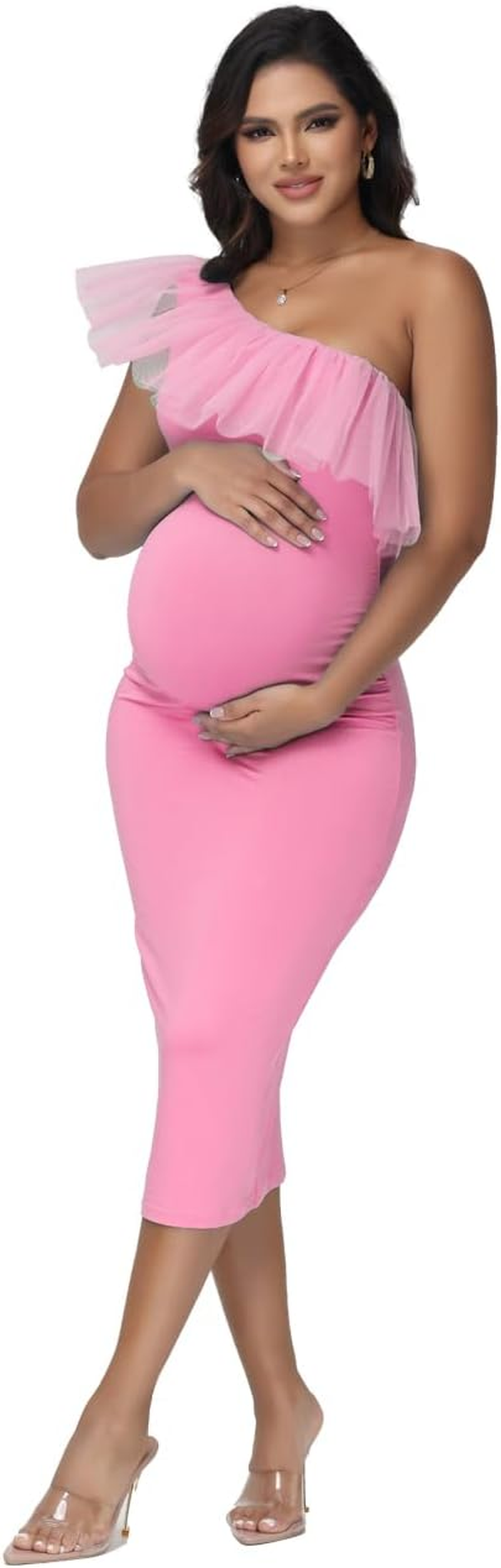 Justvh Women'S Maternity One Shoulder Mesh Collar Baby Shower Midi Dress for Photoshoot Party Bodycon Dress