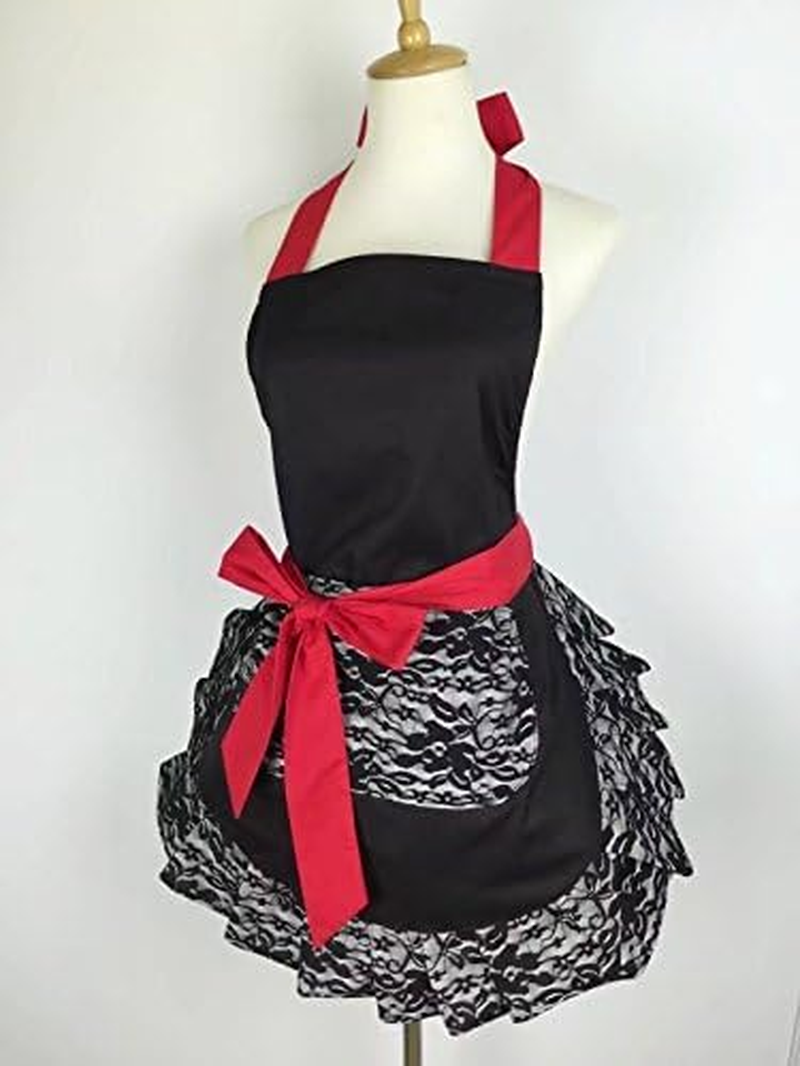 Hyzrz Cute Lace Flirty Apron with Pocket Fun Retro Sexy Cooking Aprons for Women Girls