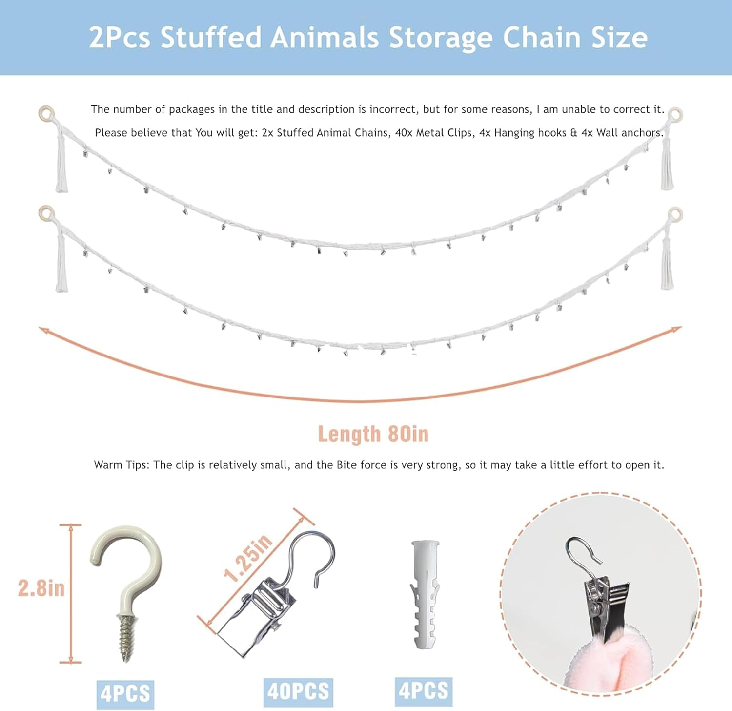 80 Inches Cotton Hanging Storage Chain for Stuffed Animals & Plush Toys, Space Saving Toy Organizer with 20 Metal Clips, Kids Room Decor