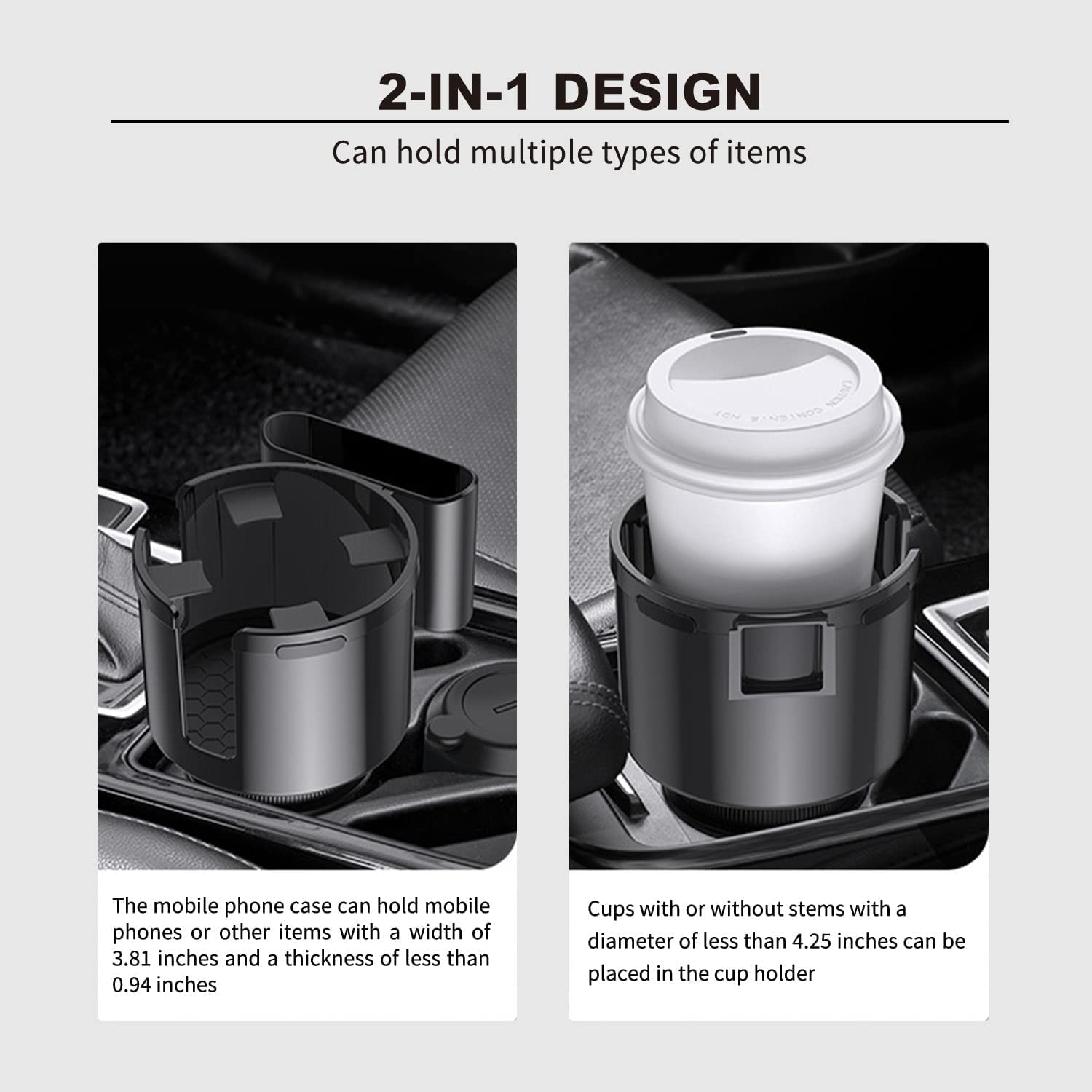 ACEBON Car Cup Holder Expander Adapter with Adjustable Base & Removable Phone Holder, Compatible with Hydro Flasks 32/40Oz, Yeti 14/24/36/46Oz Ramblers image number 4