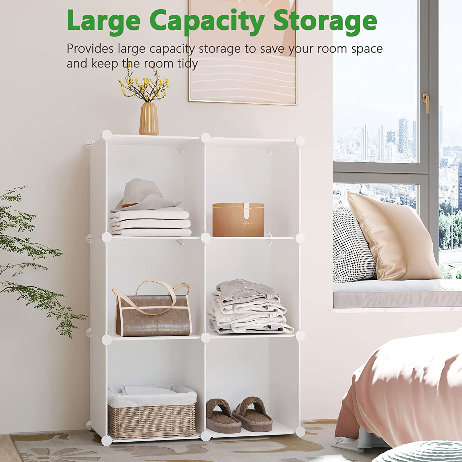 C&AHOME Cube Storage Organizer, 6-Cube Shelves Units, Closet Cabinet, DIY Plastic Modular Book Shelf, Ideal for Bedroom, Living Room, Office, 36.6" L X 12.4" W X 36.6" H Milky UPCS06M - White image number 5