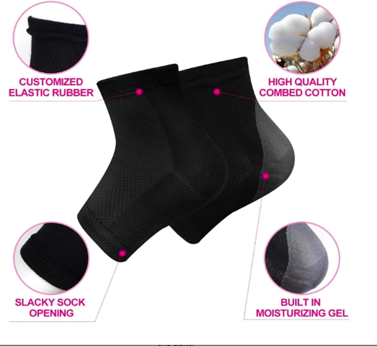 Moisturizing Heel Socks 4 Pairs Gel Lined Toeless Spa Socks to Heal and Treat Dry, Cracked Heels While You Sleep(Black+White+Purple+Pink) image number 2