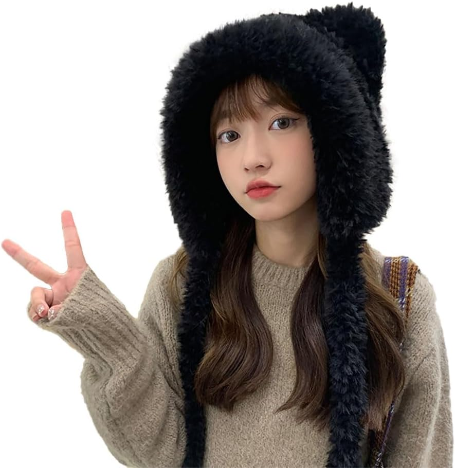 Women Winter Beanie Hats Knit Ear Flaps Cute Stuffed Bear Ears Fleece Lined Fluffy Ski Snow Hat