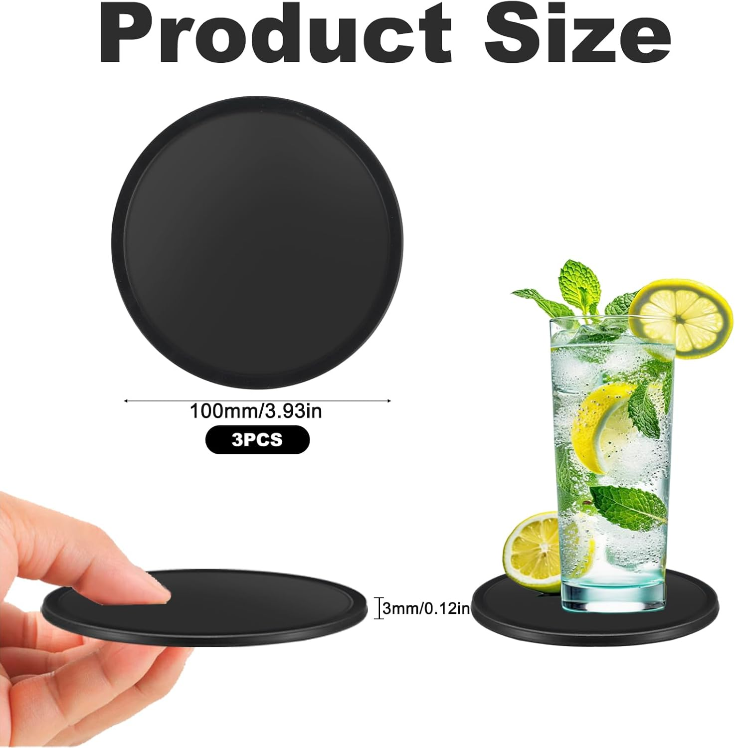 3 Pcs Silicone Coasters for Drinks, Black round Mugs Coasters Pads Mats, Protect Furniture from Scratch & Water Marks, Non Slip, for Coffee Beer Glass Home Bar - 12 Black Coasters image number 6