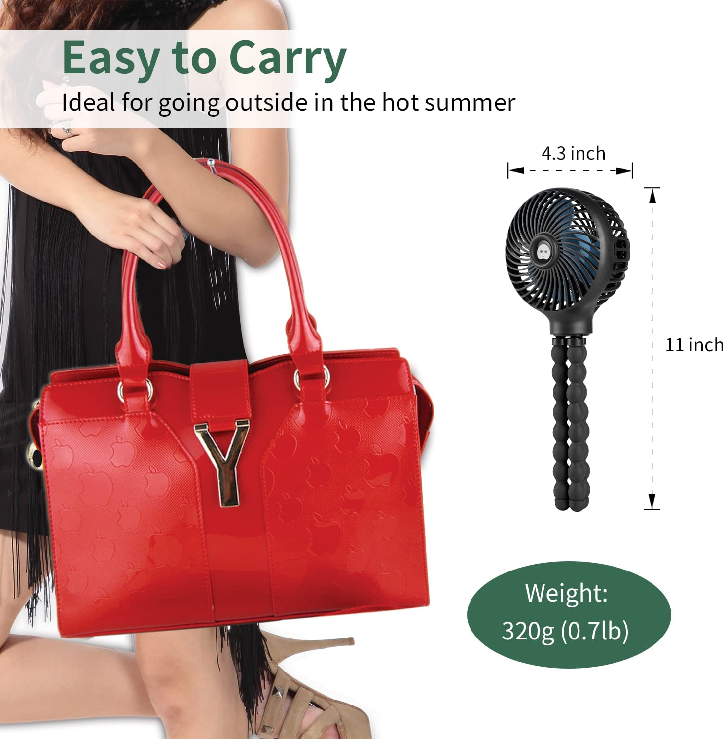 Snawowo Mini Handheld Portable Pram Fan, Baby Stroller Fan, Car Seat Fan, USB or 4000Mah Battery Powered, with Flexible Tripod Clip on Student Bed Desk Bike Crib Treadmill Camping Traveling