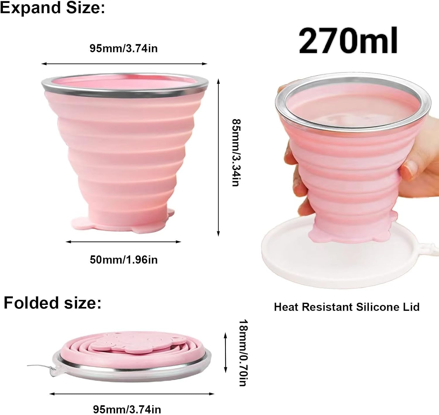 2 Pack Silicone Collapsible Cup with Lid,270Ml Travel Essentials Collapsible Cups, BPA Free Collapsible Travel Mugs, Folding Silicone Cups,Reusable Portable Foldable Cups for Picnic,Camping,Hiking image number 4