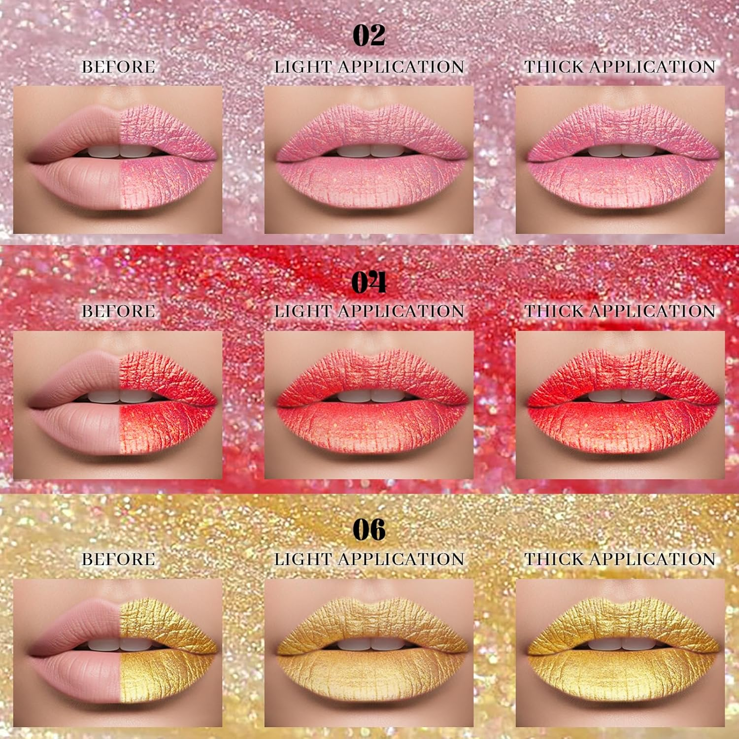 DAGEDA Metallic Lipstick, Glitter Lip Gloss, Moisture Shimmer Lip Plumper Gloss, Diamond Pearl Shine, Non-Sticky Long Lasting Metallic Liquid Lipstick Lip Eyeshadow Makeup, 04 Red image number 3