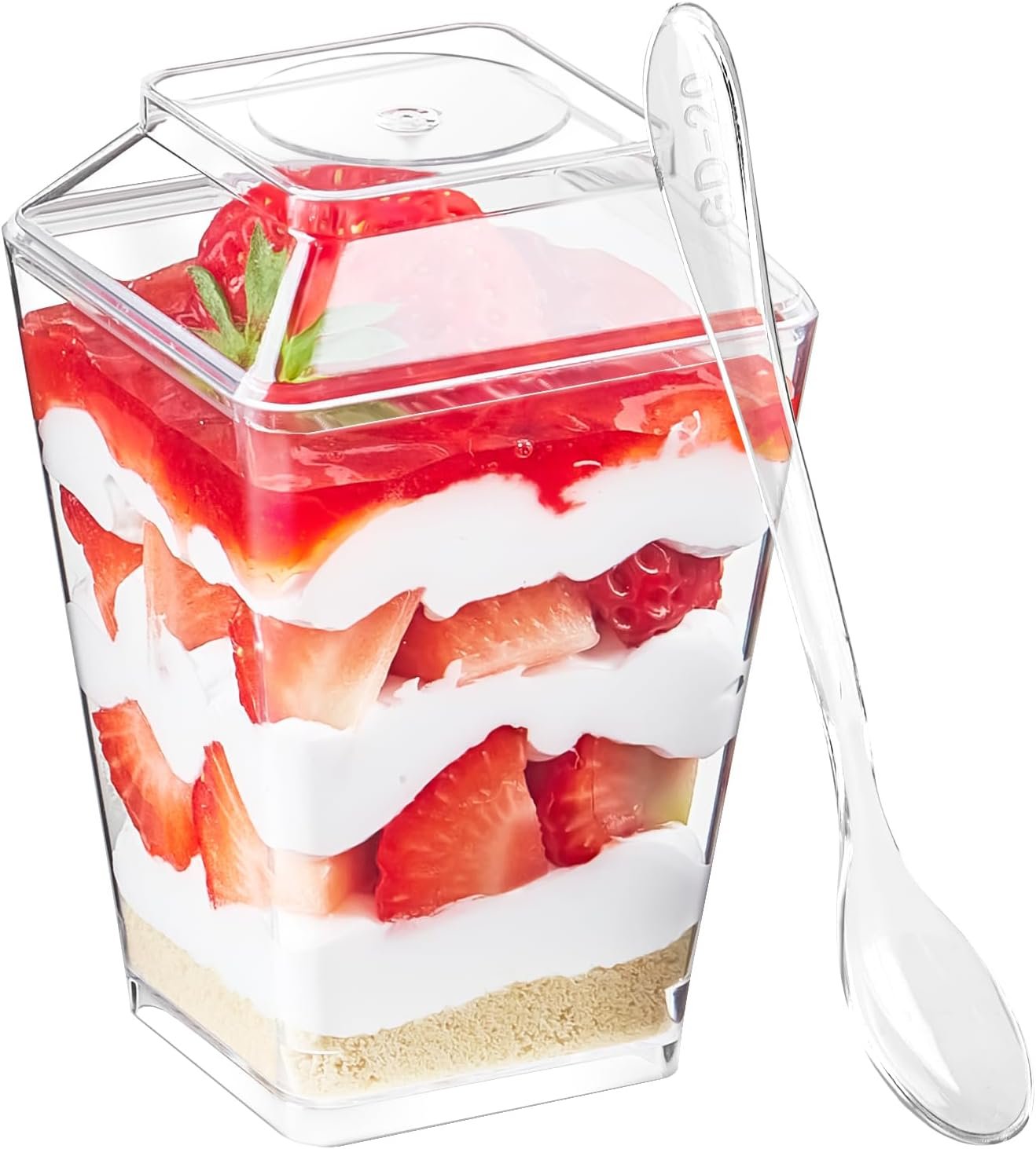 Qeirudu 50 Pack 5 Oz Square Dessert Cups with Lids and Spoons - Clear Plastic Parfait Cup, Mini Pudding Cups, Appetizer Shooter Glasses for Mousse Fruit Ice Cream image number 4