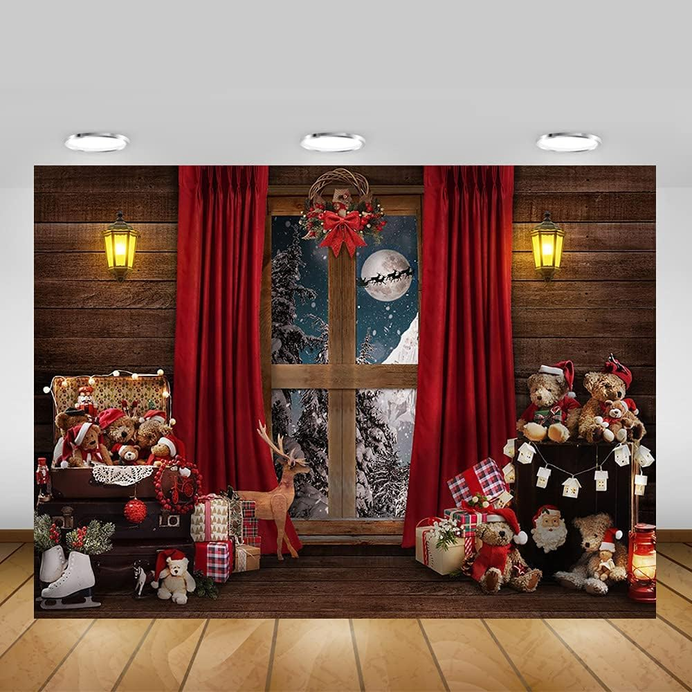 Mocsicka Christmas Window Backdrop Santa Gifts Bear Christmas Window Decorations for Baby Family Kids Indoor Xmas Tree New Year Holiday Photography Background (10X8Ft(120X96 Inch)) image number 5