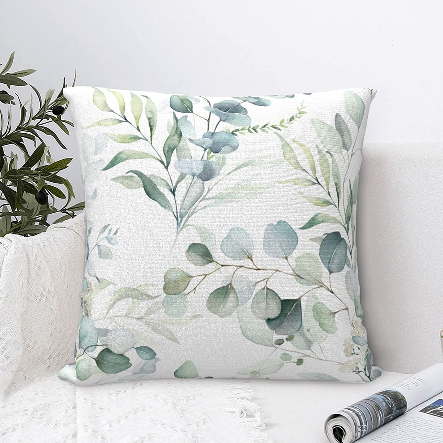 AEIOAE Spring Sage Green Pillow Covers 16X16 Inch Set of 2,Watercolor Eucalyptus Floral Throw Pillows Case,Seafoam Leaves Print Square Cushion Outdoor Leaf Decor for Home Sofa Bed (ZHH121001) image number 6