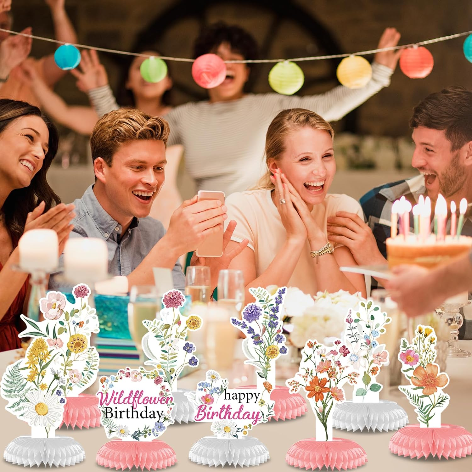 Flower Birthday Table Decorations - 9PCS Wildflower Birthday Party Decorations Spring Birthday Party Table Decor Supplies Floral Birthday Party Honeycomb Centerpiece Decorations for Girls Women image number 2