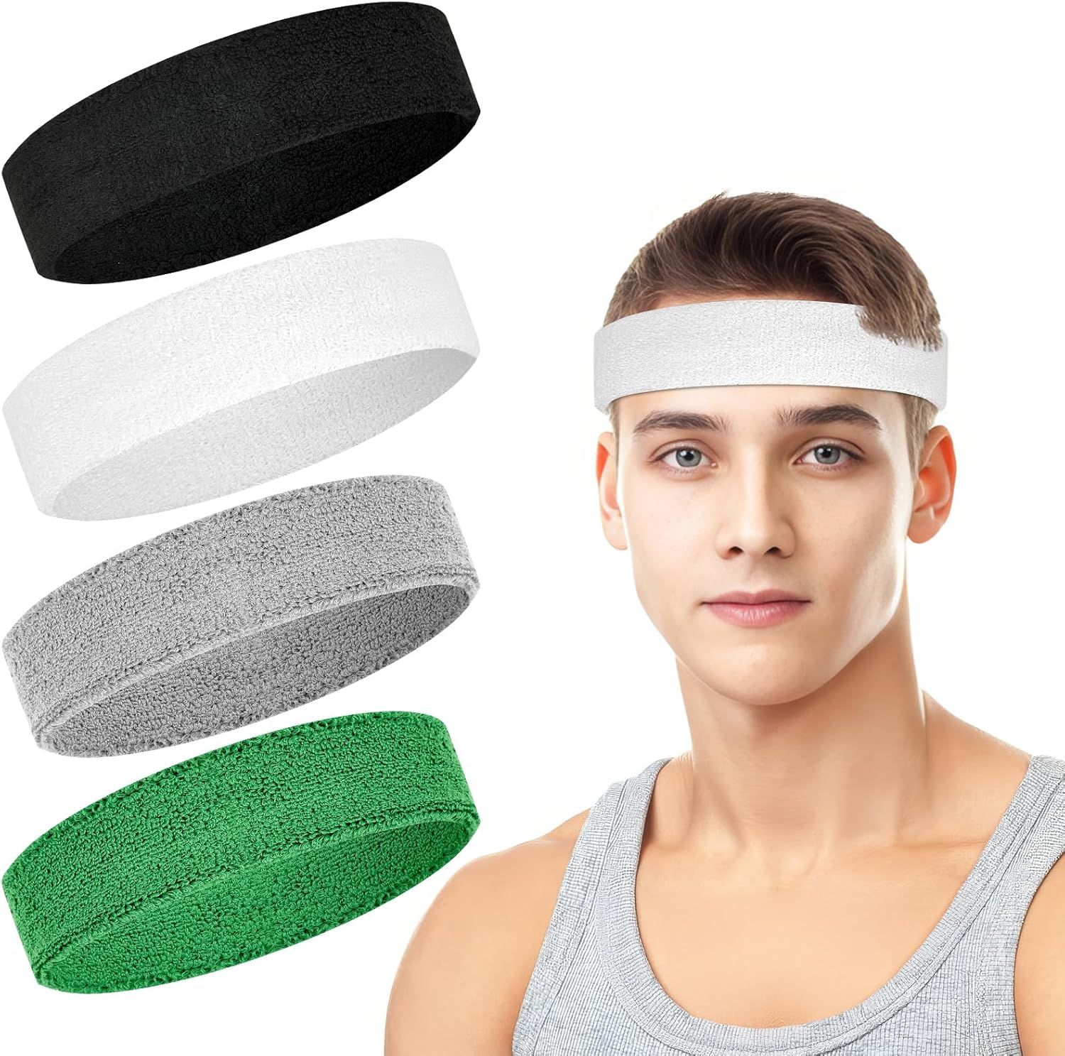 4 Pack Headbands for Men, Sweat Bands Headbands Men & Women, Cotton Terry Sweat Bands for Tennis, Basketball, Running, Gym, Working Out
