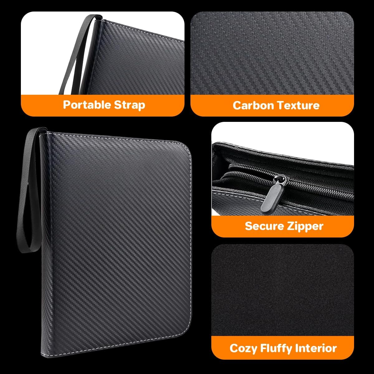 9 Pocket Premium Zip Trading Card Binder - 720 Double Sided Pocket PU Collection Album for MTG, TCG, Sports Cards (Carbon Black) image number 3