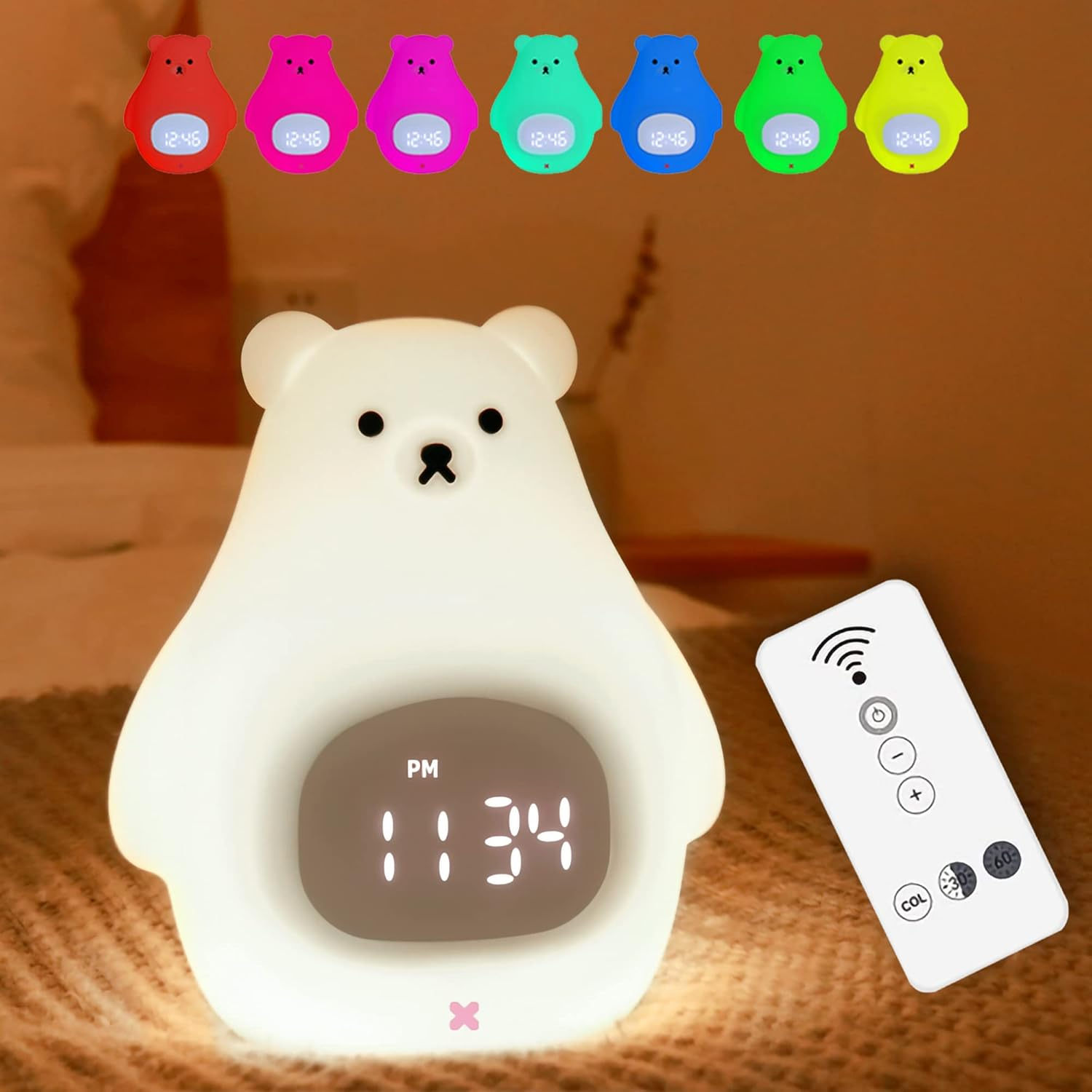 Bear Night Light, Cute Kids Alarm Clock, Soft Bpa-Free Silicone Portable Nursery Lamp, Children USB Rechargeable Nightlight for Girls Boys Toddler Birthday Gifts Bedroom Room Decor