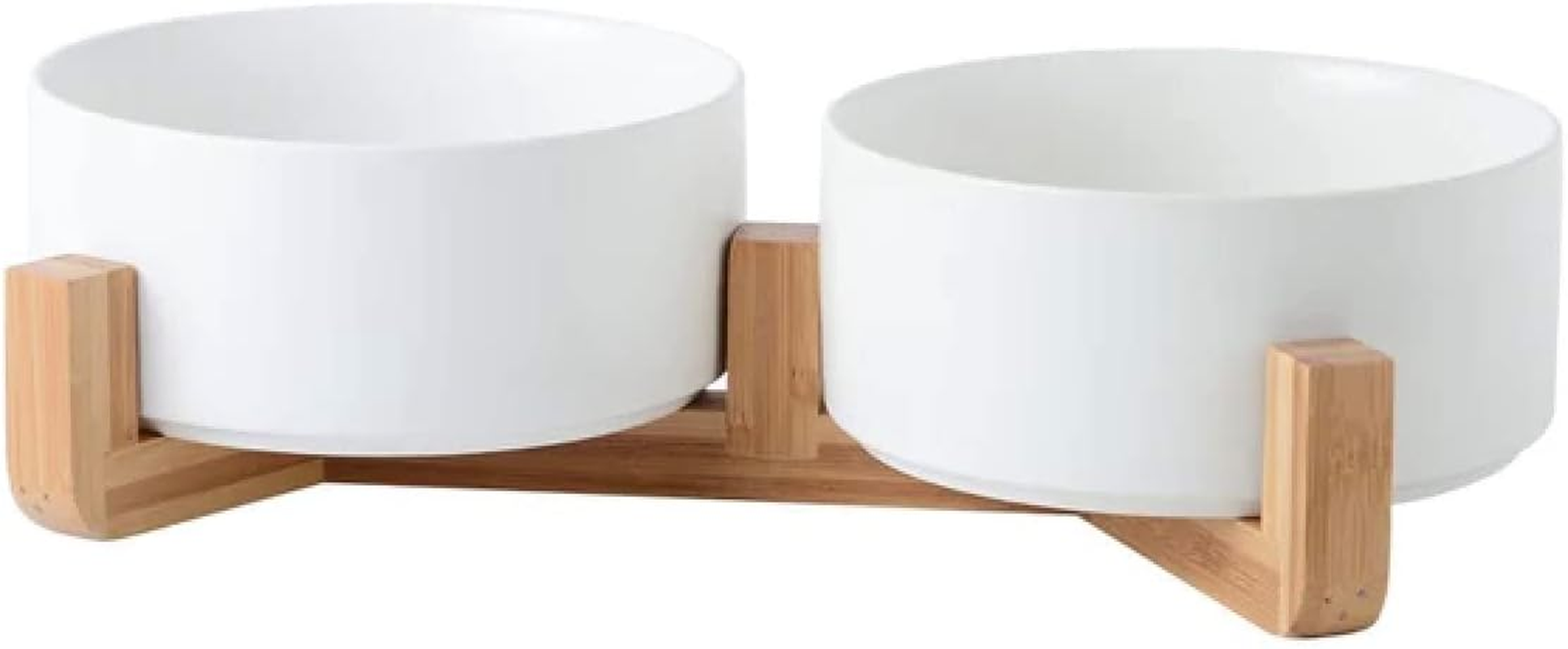 Pet Bowls No Spill Marble, Elevated Ceramic Pet Food, Wooden Bamboo Stand, Cats, Rabbits, & Small Dogs, Durable & Easy to Clean. Single or Double. Special Treat for Your Pet (White Double)