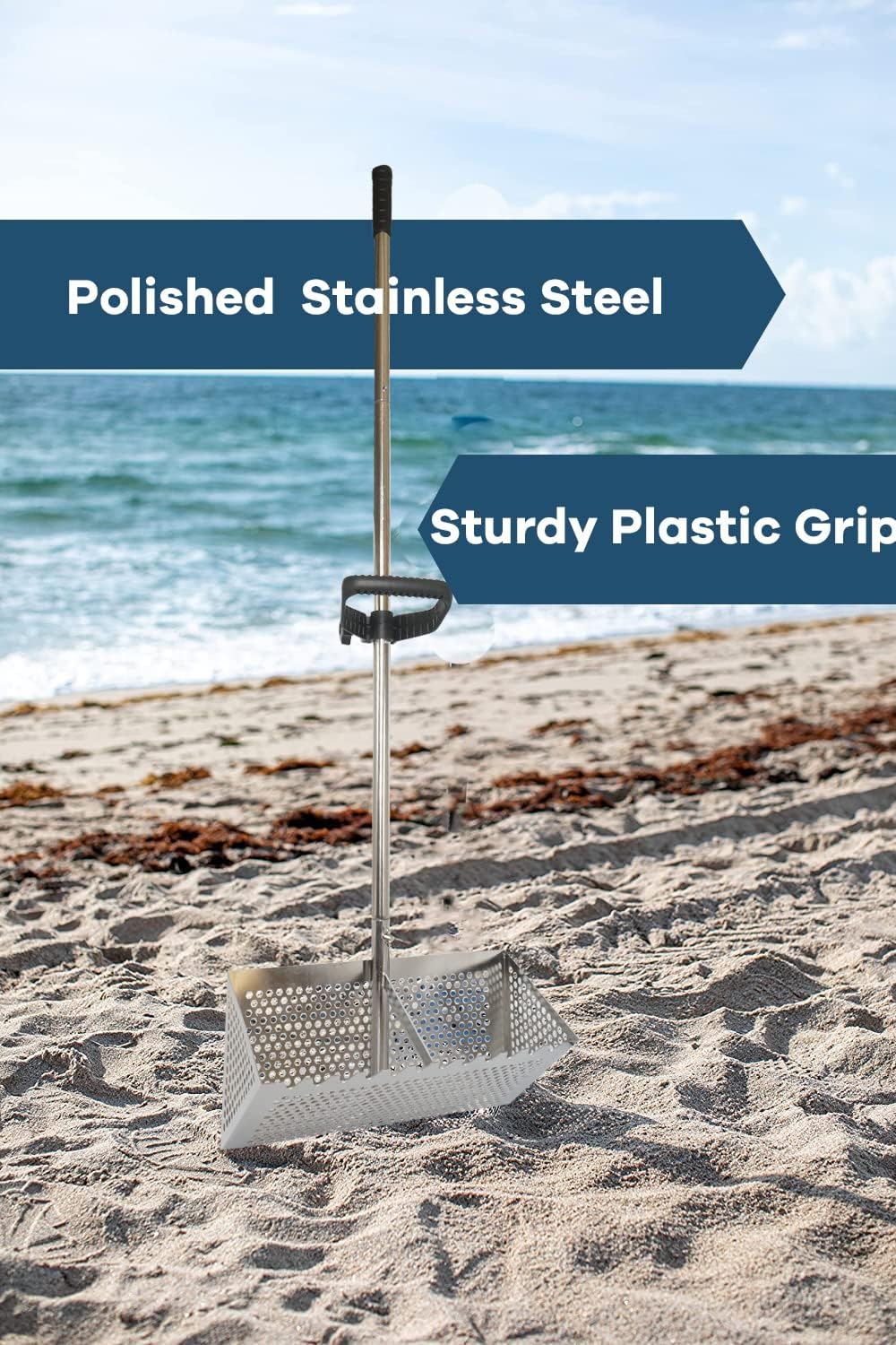 Sand Fleas Rake, Stainless Steel Sand Sifter, Detachable 47 Inches Long Handle, Collapsible Shark Tooth Sifter for Beach,Sand Crab Catcher with Foldable Pail . image number 4