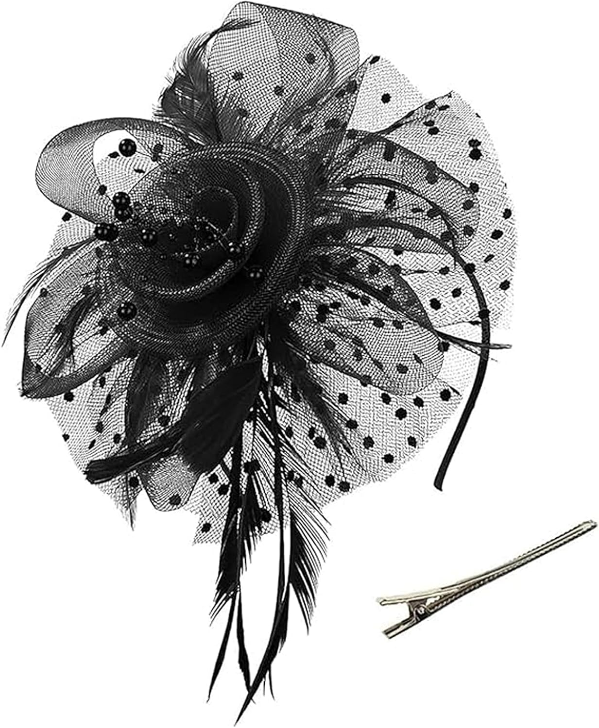 Women'S Floral Mesh Feather Headdress Hat, Party Cocktail Tea Wedding Evening Gown Women'S Veil Gauze Hair Accessory image number 4