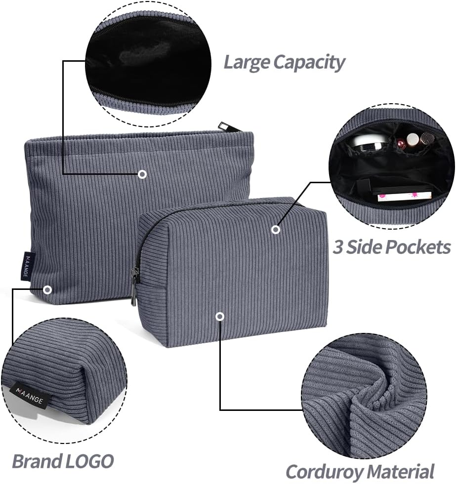 MAANGE 2 Pcs Cosmetic Bag, Travel Makeup Bag Makeup Pouch Corduroy Portable Versatile Zipper Pouch for Women (Grey image number 4