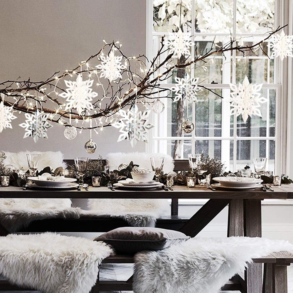 Winter Christmas Hanging Snowflake Decorations - 12PCS 3D Large White Snowflakes & 12PCS Paper Snowflakes Hanging Garland for Christmas Winter Wonderland Holiday New Year Party Home Decoration - White image number 6